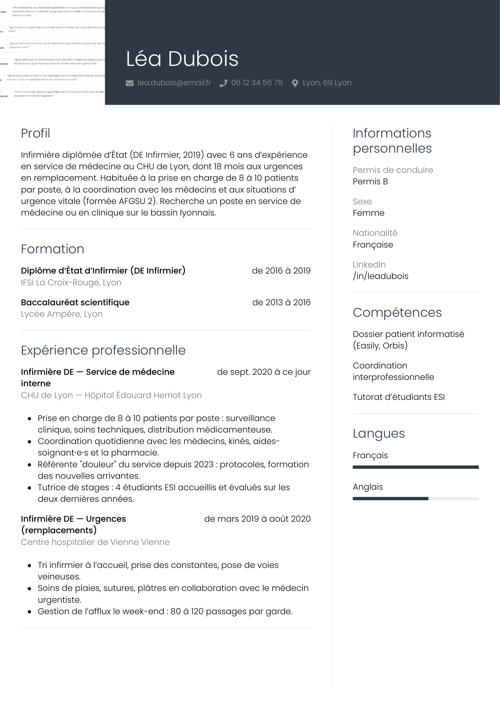 Modèle Professionnel — exemple de CV Infirmière
