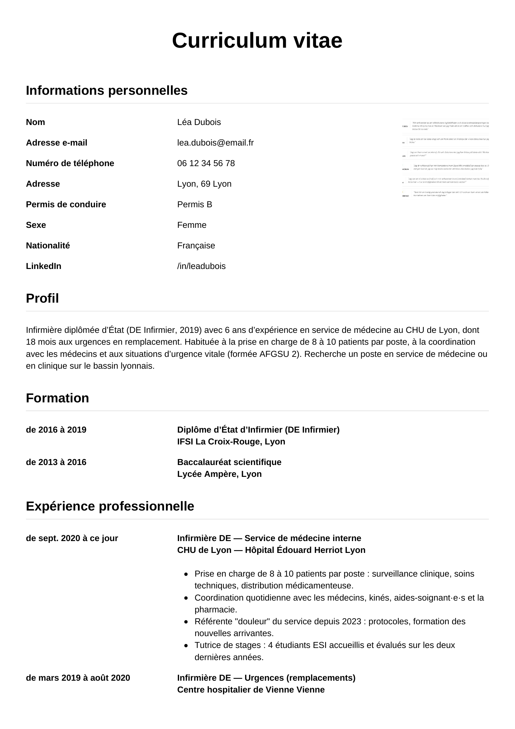 Modèle Simple — exemple de CV Infirmière