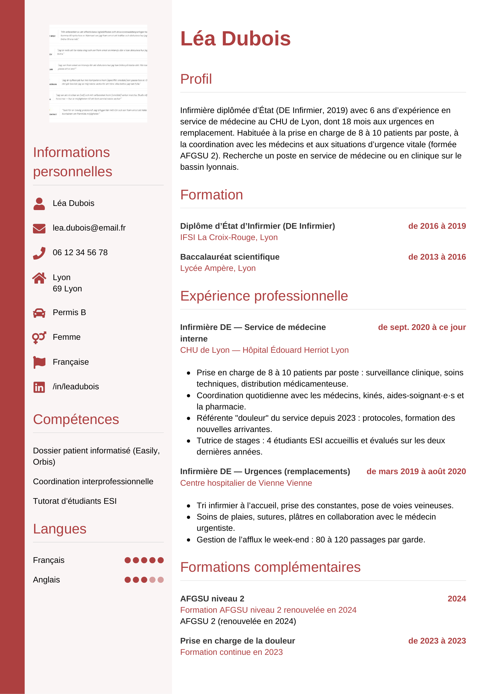 Modèle Vertical — exemple de CV Infirmière