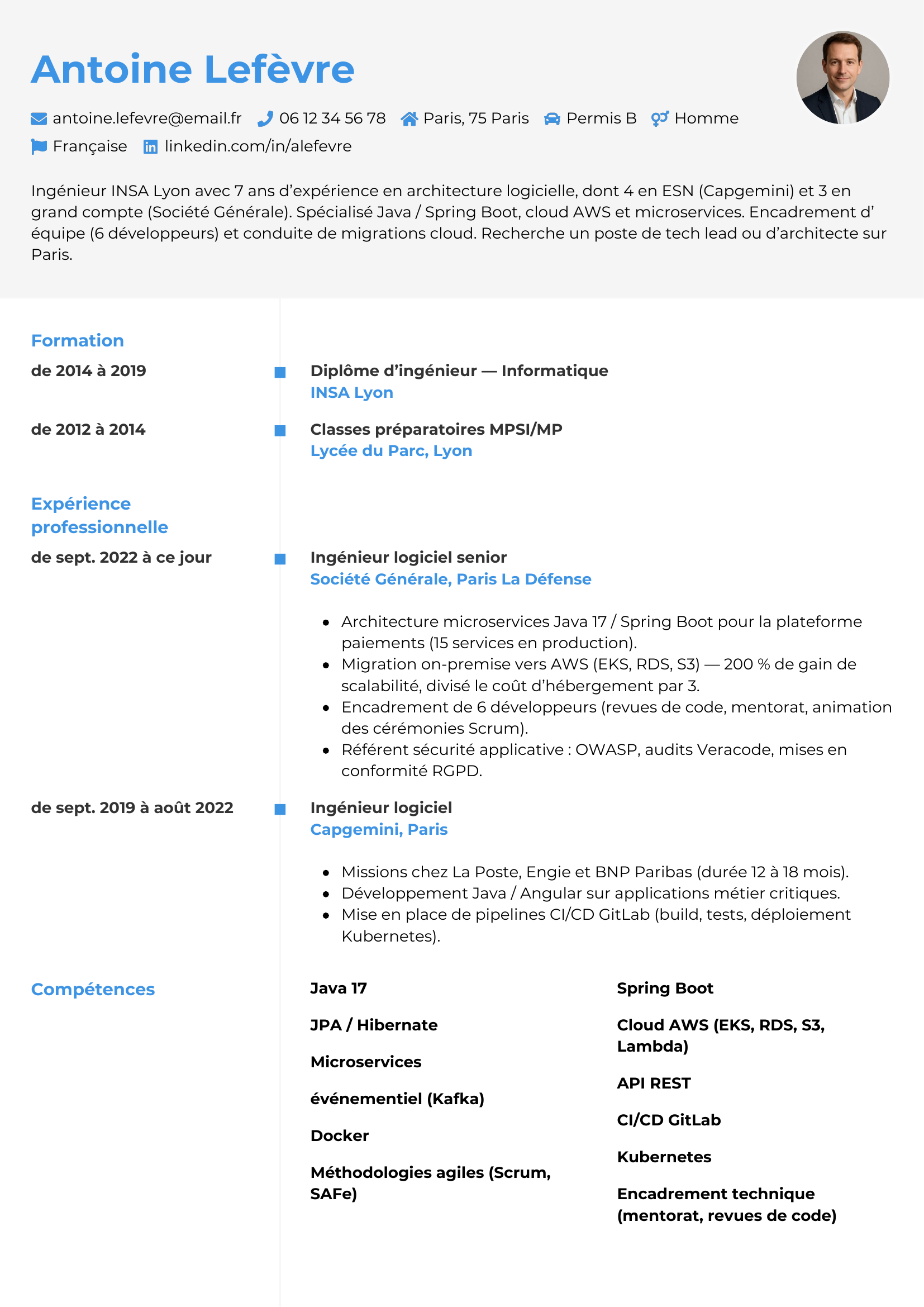 Modèle Chrono — exemple de CV Ingénieur