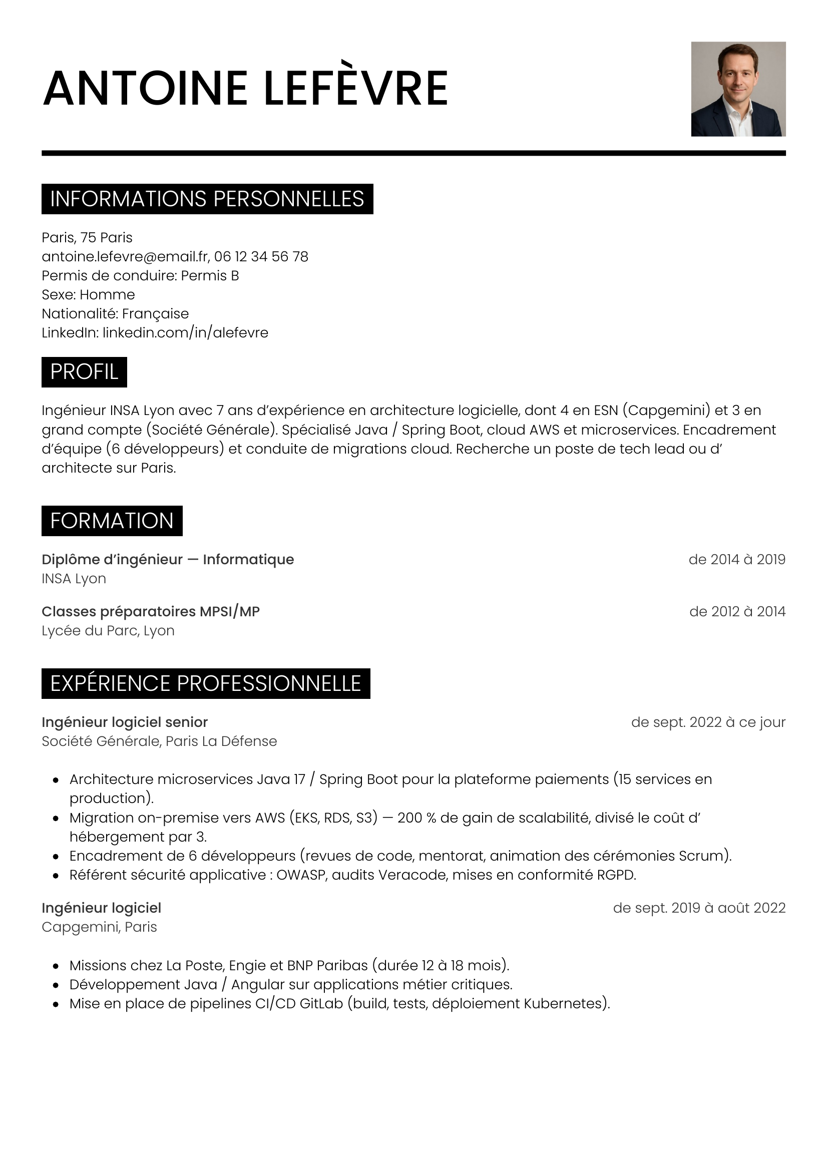 Modèle Métro — exemple de CV Ingénieur