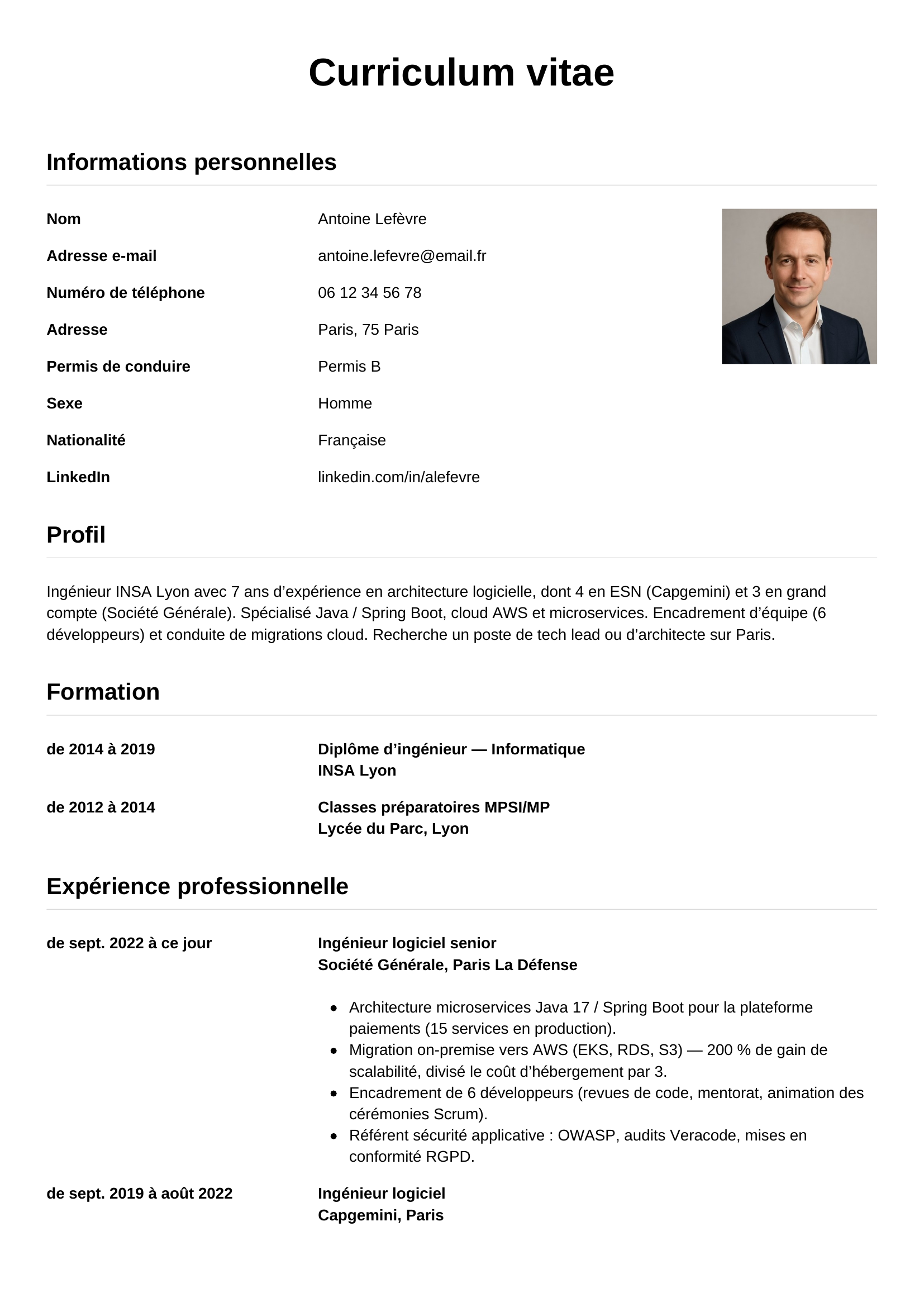 Modèle Simple — exemple de CV Ingénieur
