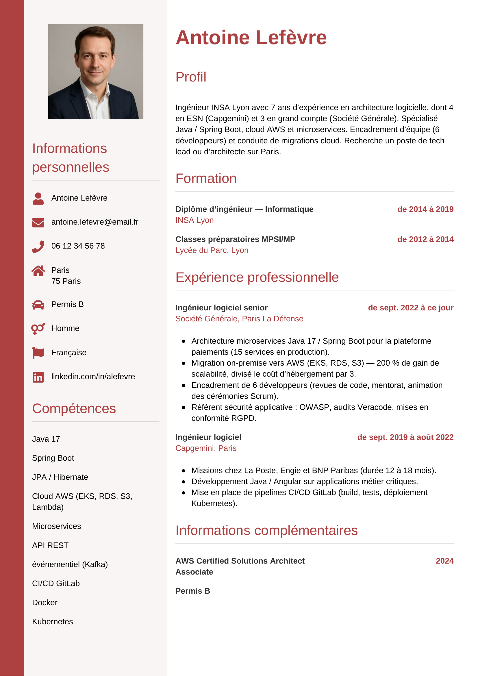 Modèle Vertical — exemple de CV Ingénieur