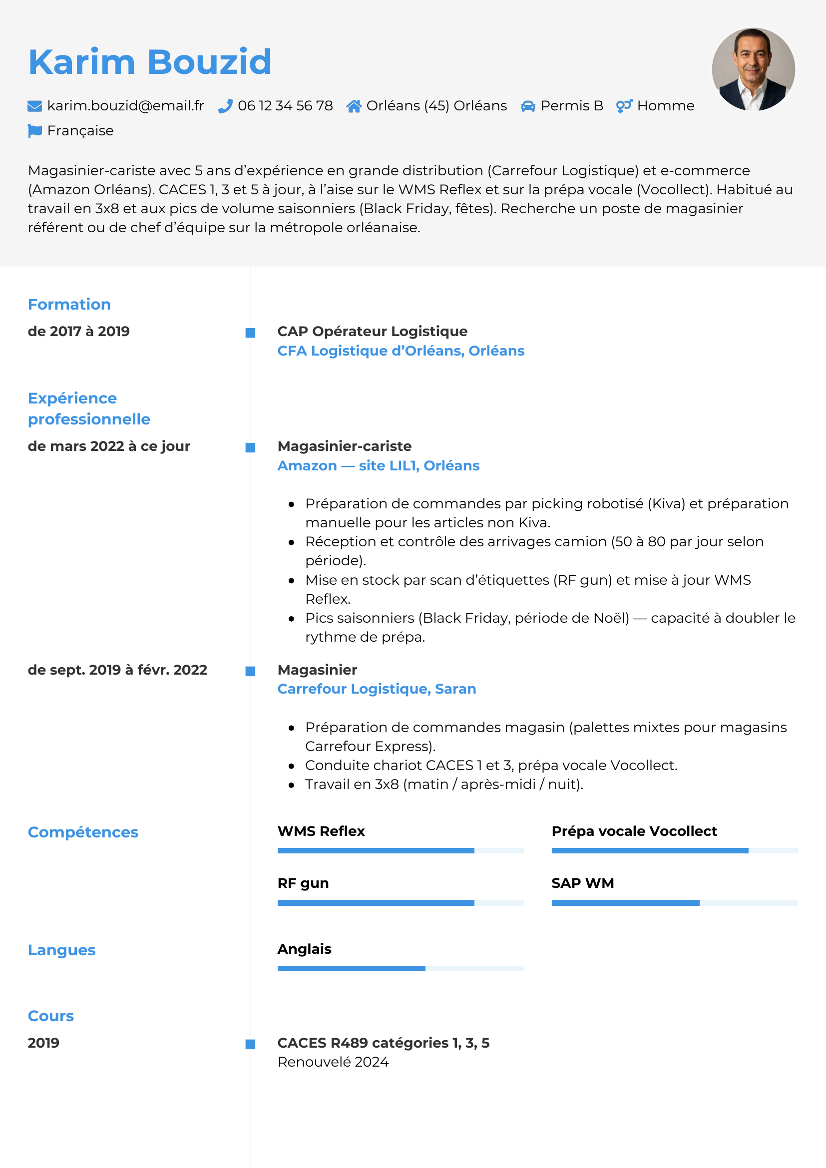 Modèle Chrono — exemple de CV Magasinier
