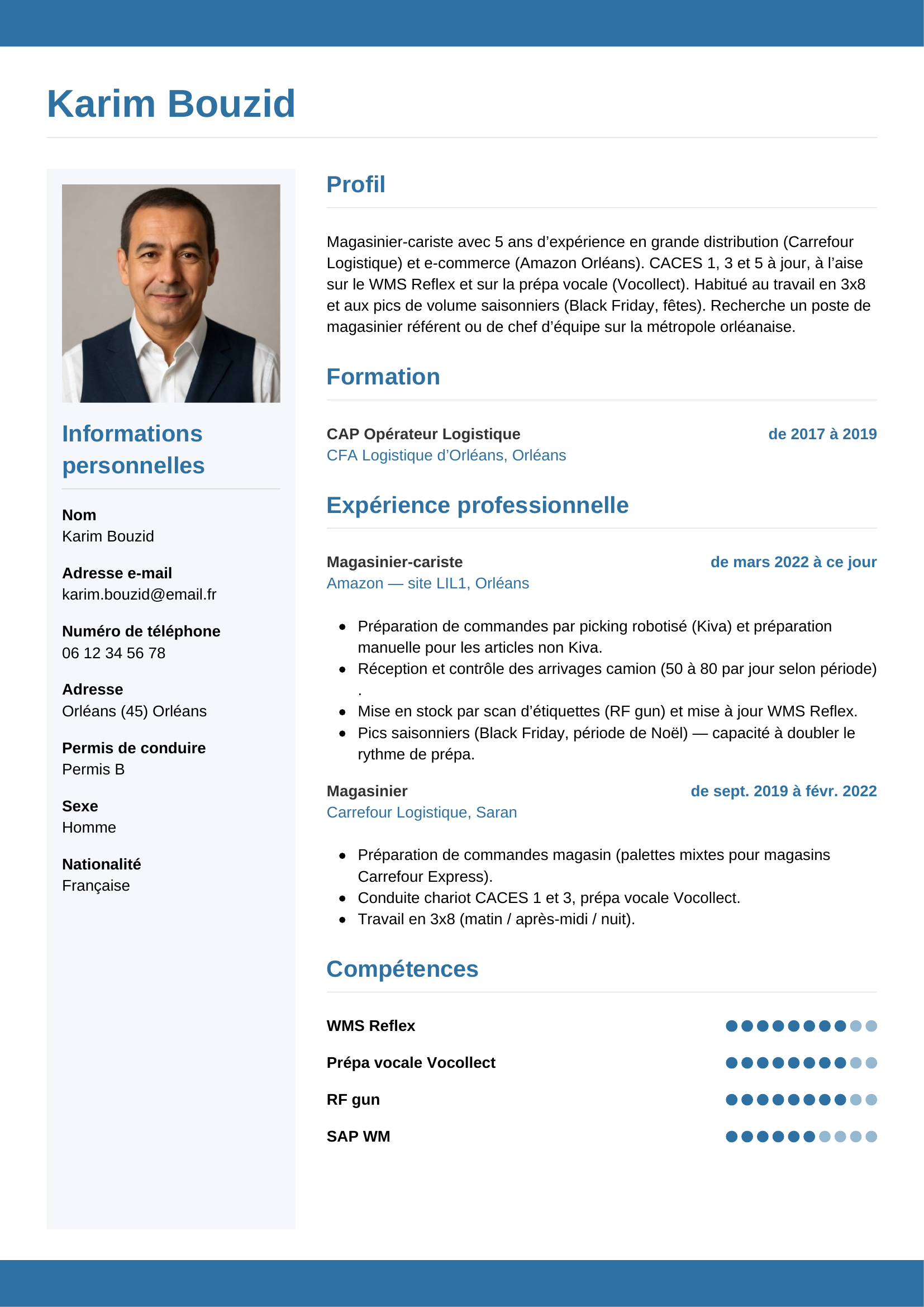 Modèle Horizontal — exemple de CV Magasinier