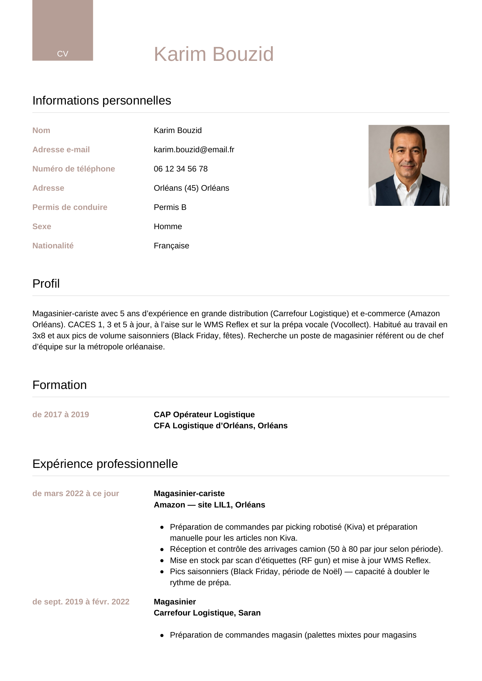 Modèle Luxe — exemple de CV Magasinier