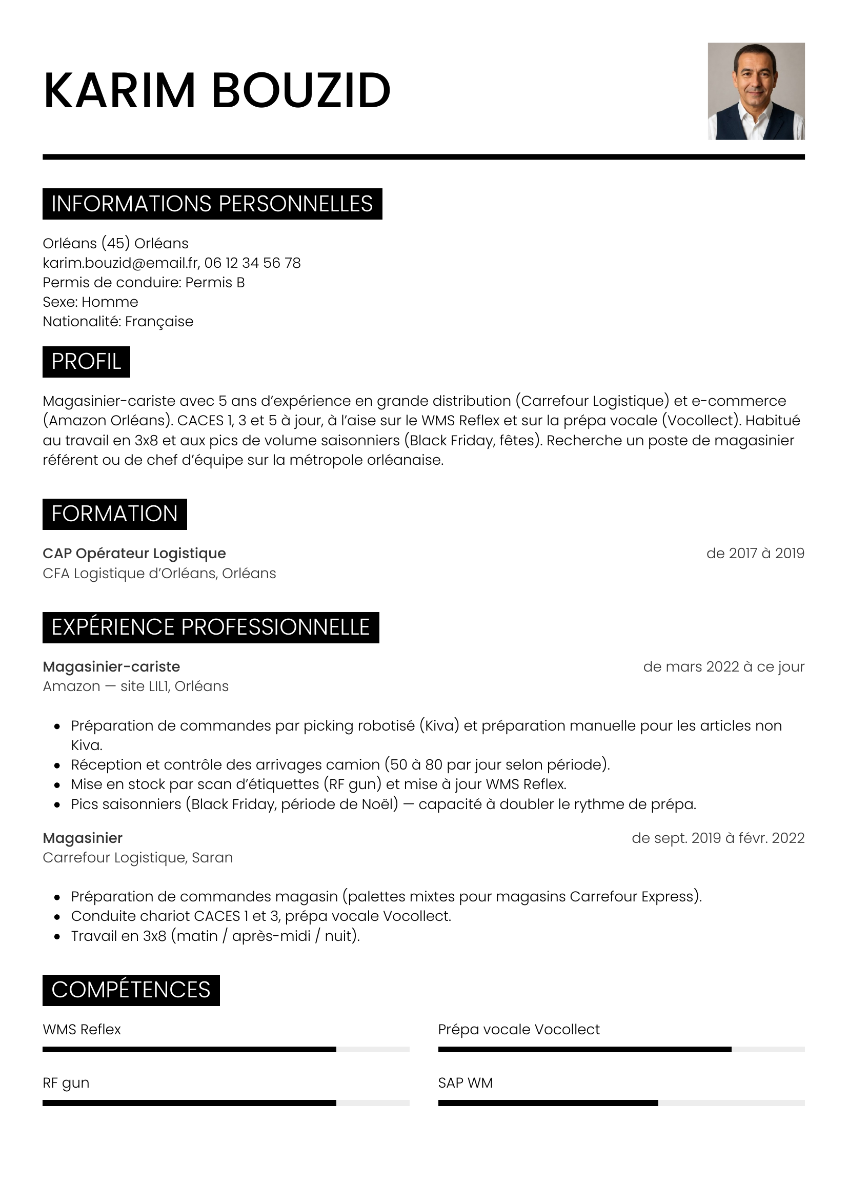 Modèle Métro — exemple de CV Magasinier