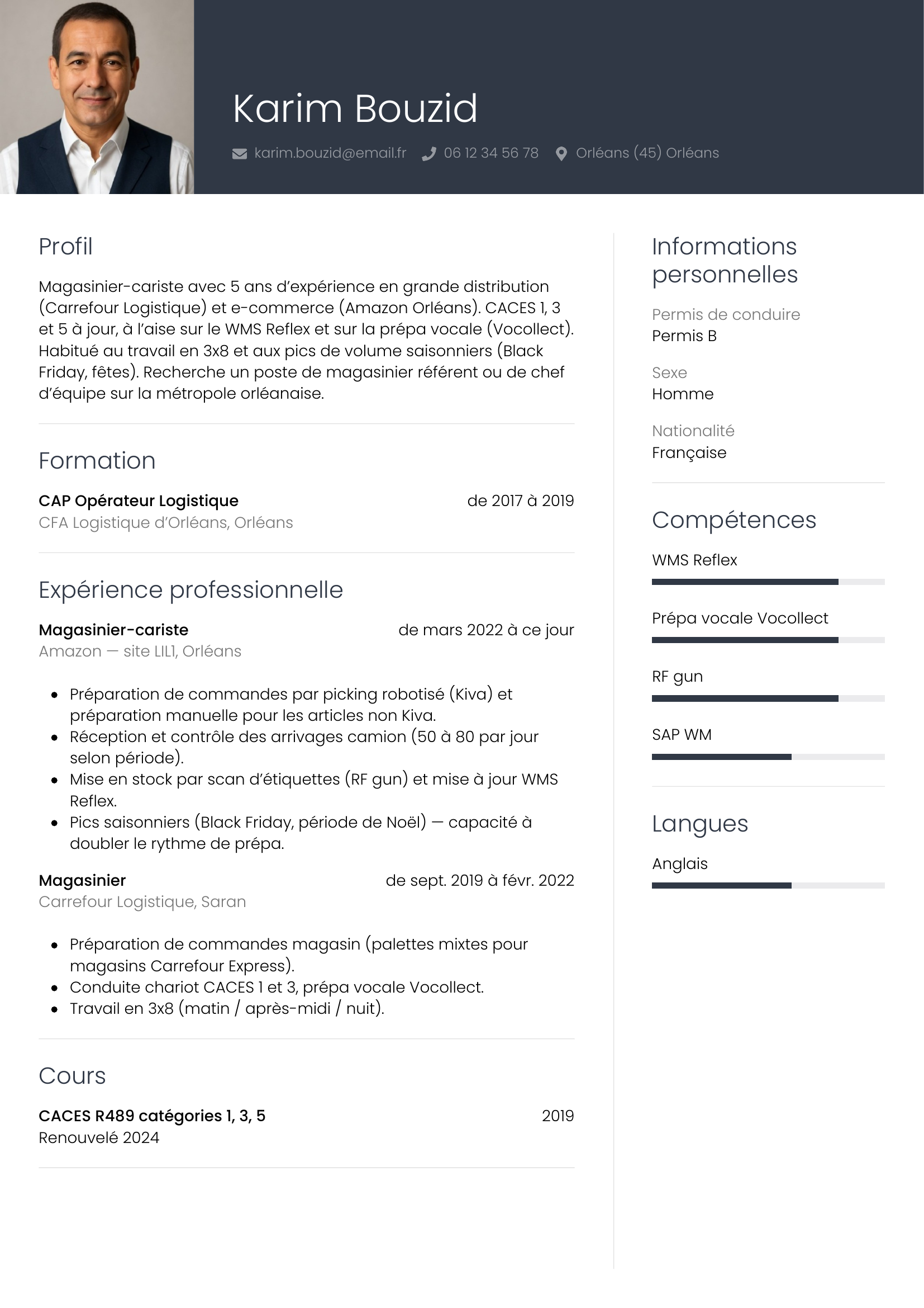 Modèle Professionnel — exemple de CV Magasinier