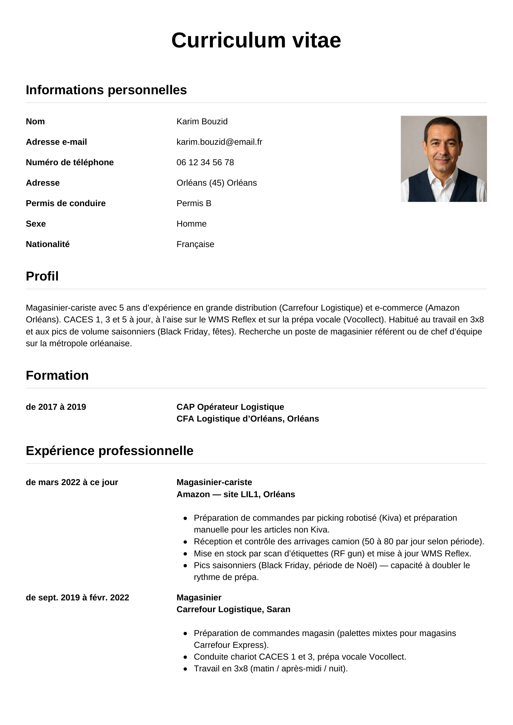 Modèle Simple — exemple de CV Magasinier