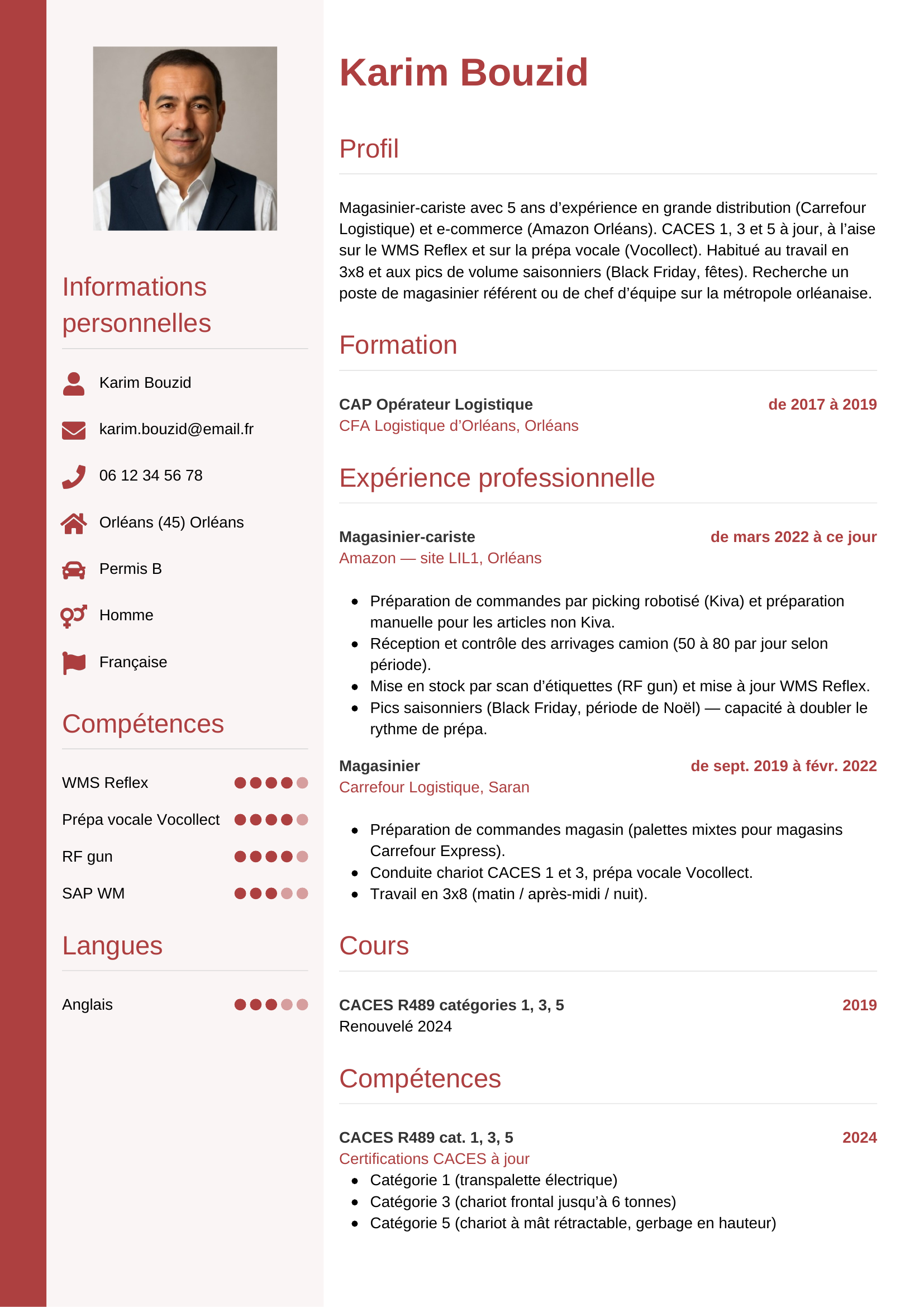 Modèle Vertical — exemple de CV Magasinier