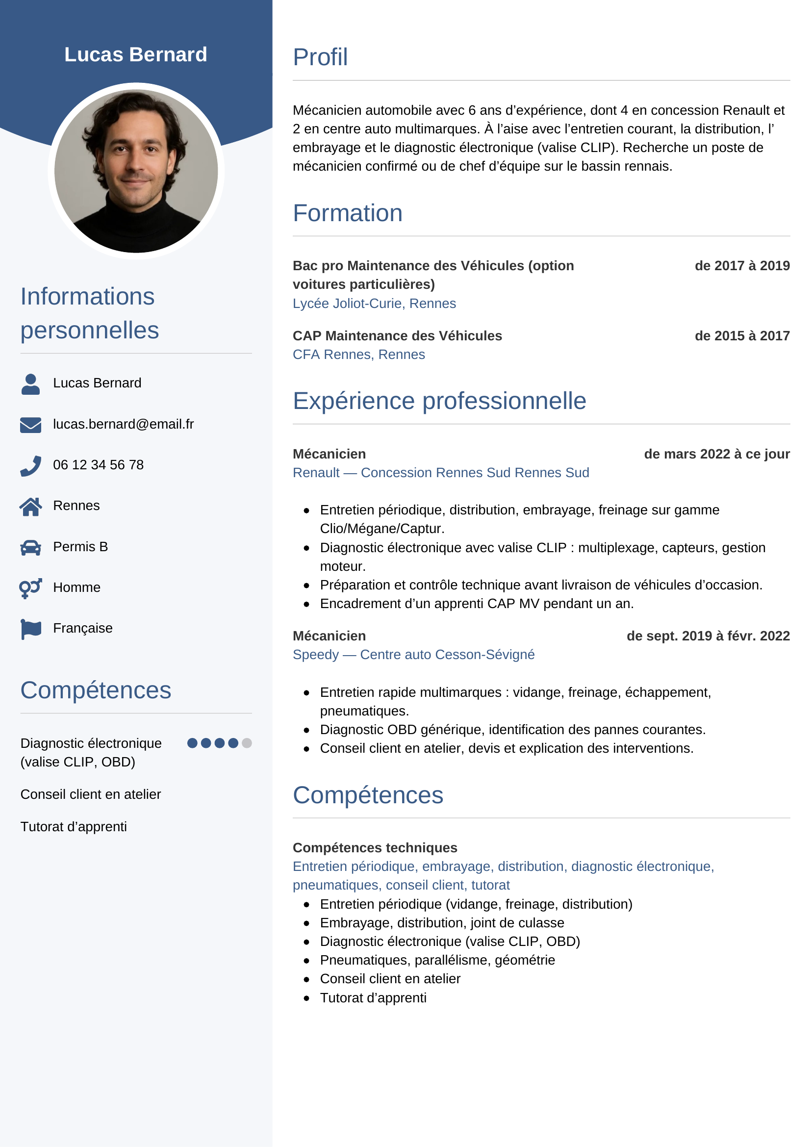 Modèle Circulaire — exemple de CV Mécanicien automobile