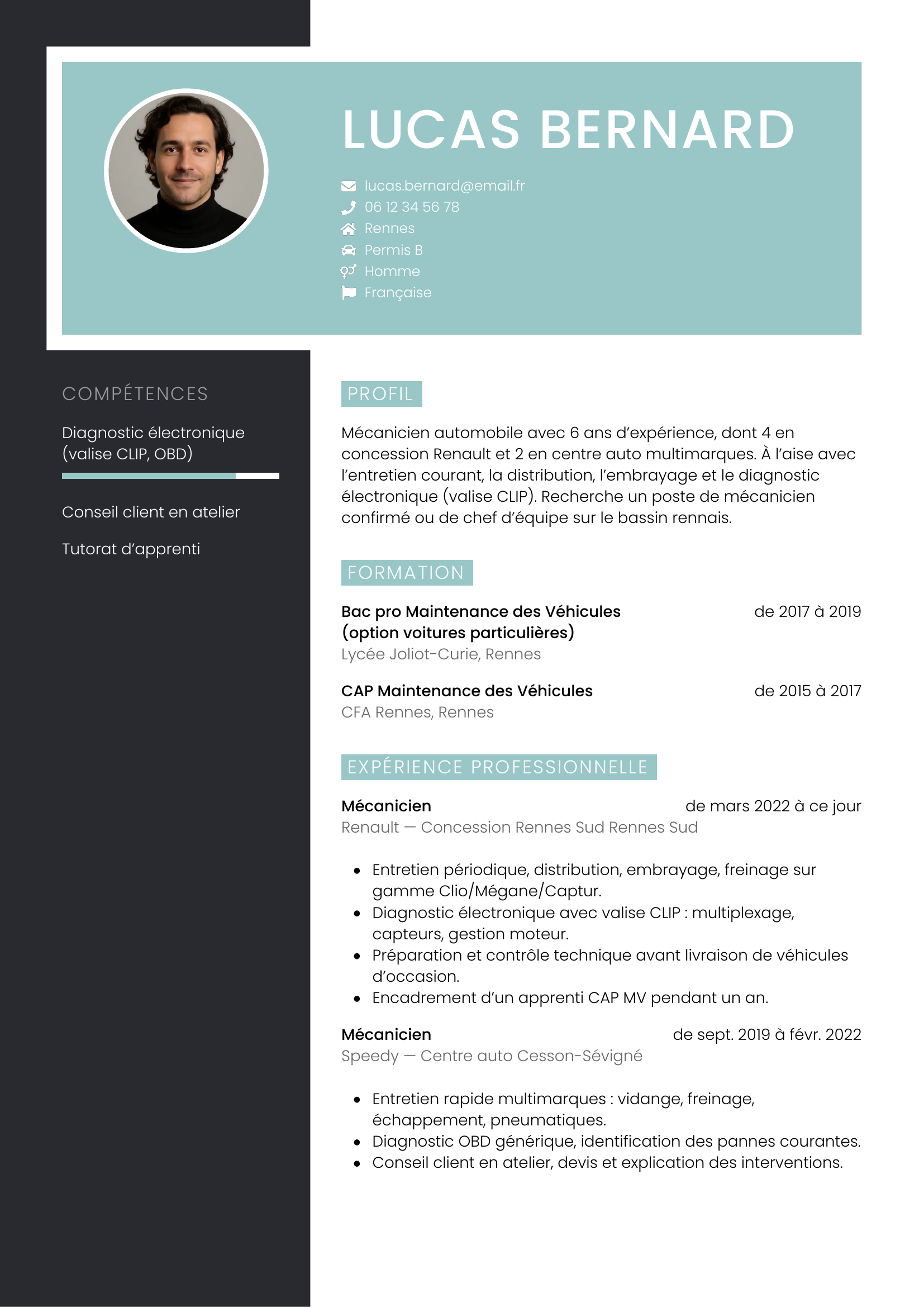 Modèle Élégant — exemple de CV Mécanicien automobile