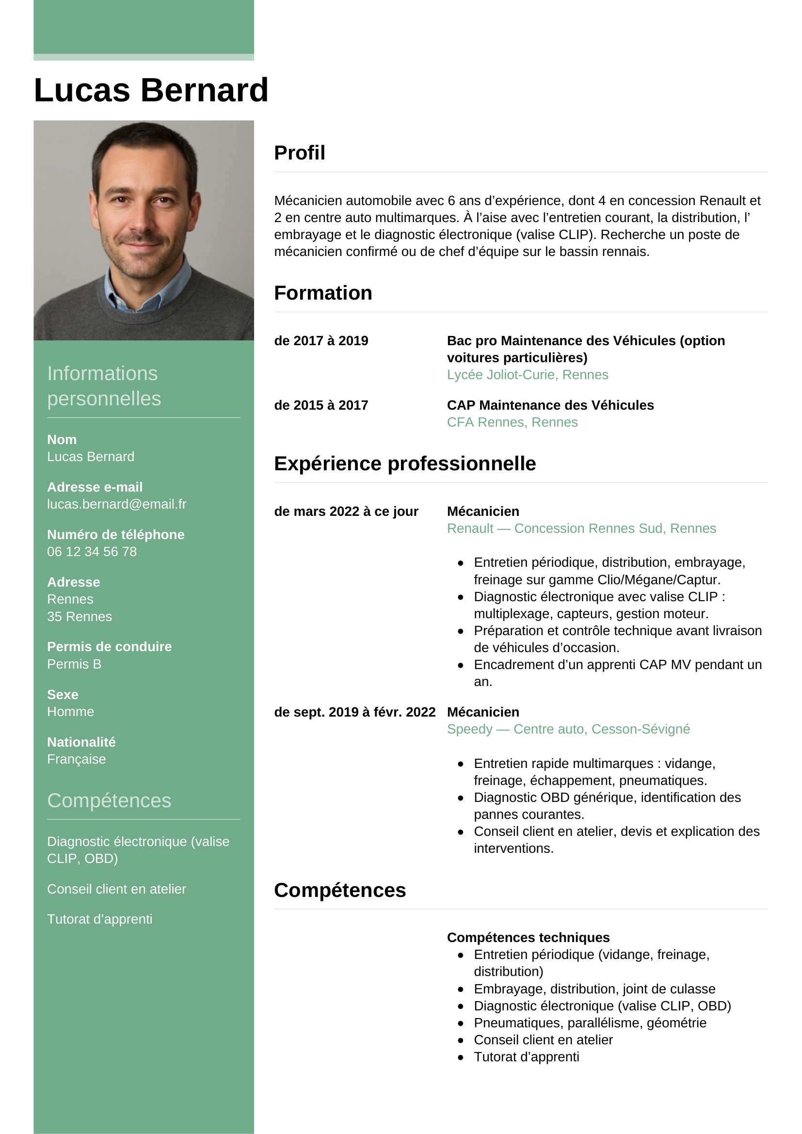 Modèle Informel — exemple de CV Mécanicien automobile