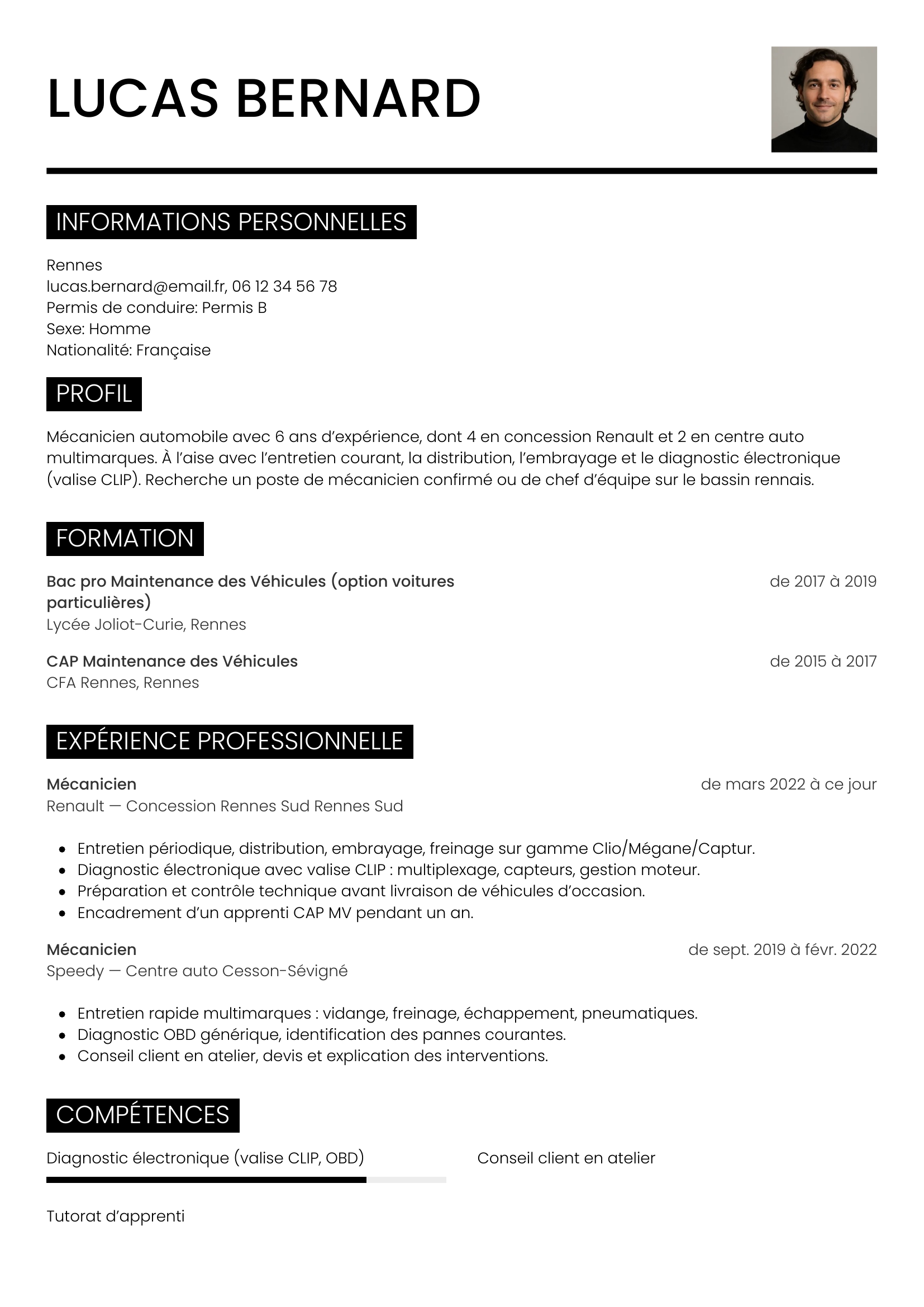 Modèle Métro — exemple de CV Mécanicien automobile
