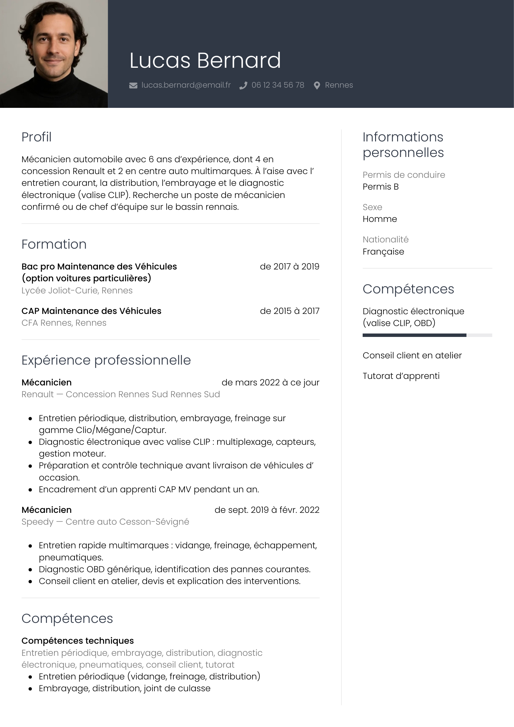Modèle Professionnel — exemple de CV Mécanicien automobile
