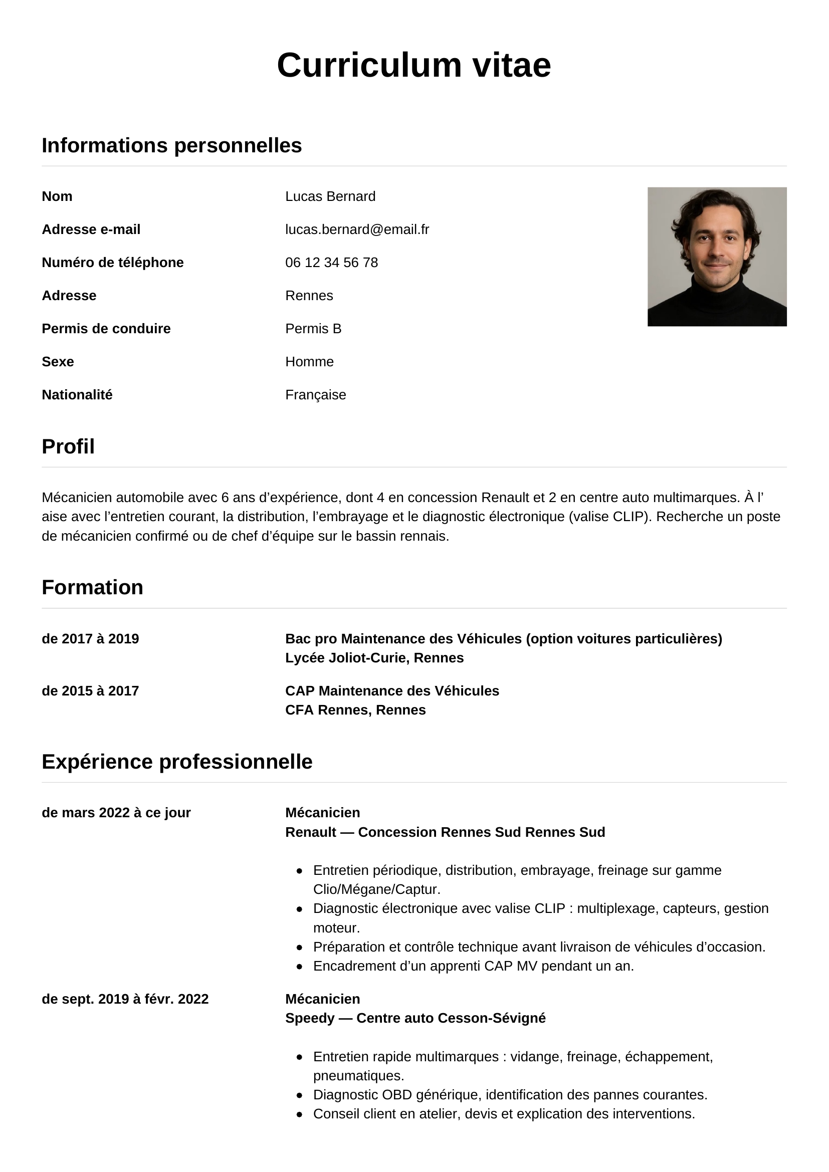 Modèle Simple — exemple de CV Mécanicien automobile