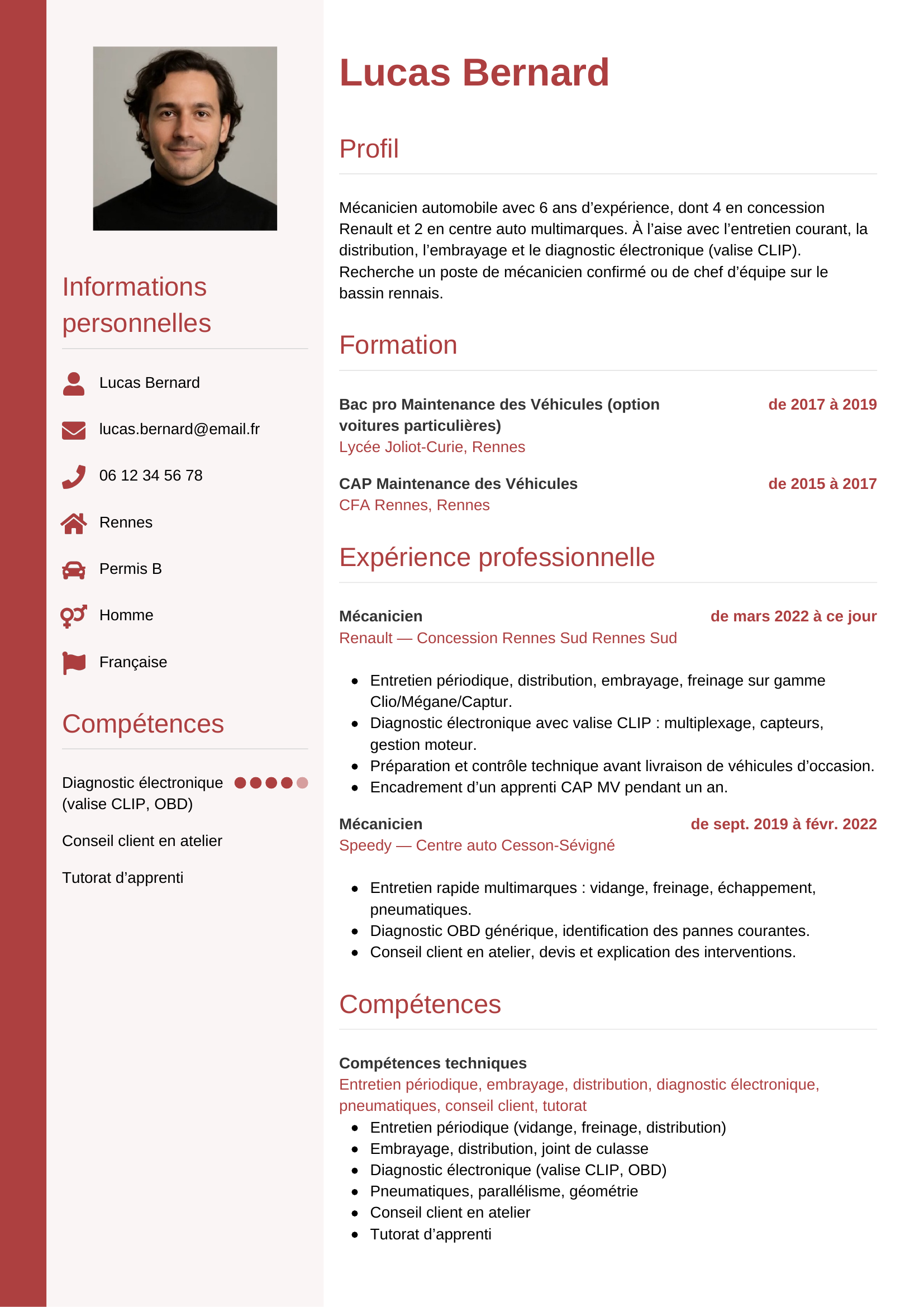 Modèle Vertical — exemple de CV Mécanicien automobile