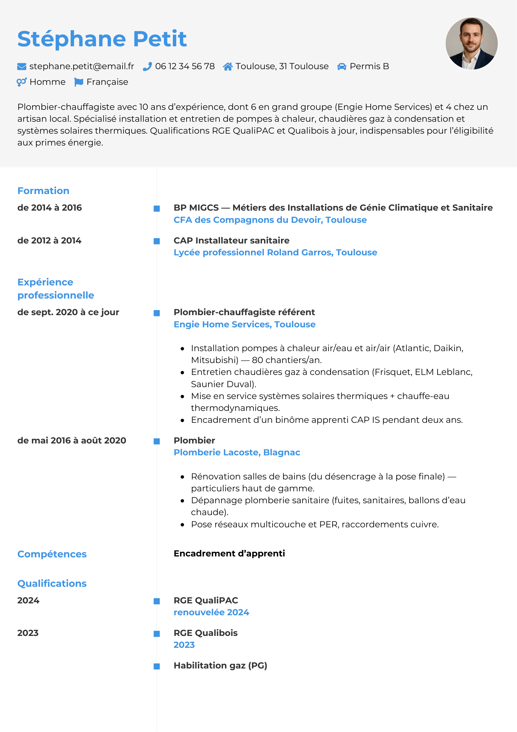 Modèle Chrono — exemple de CV Plombier