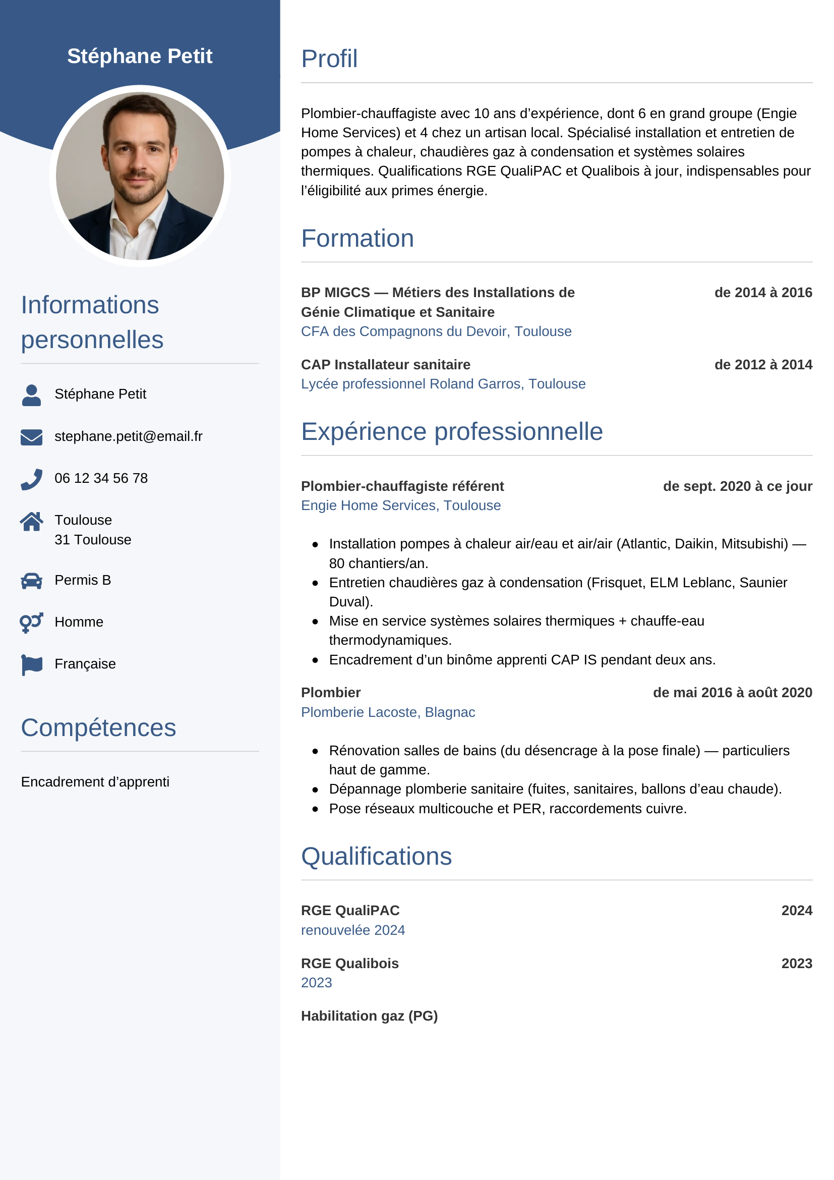 Modèle Circulaire — exemple de CV Plombier