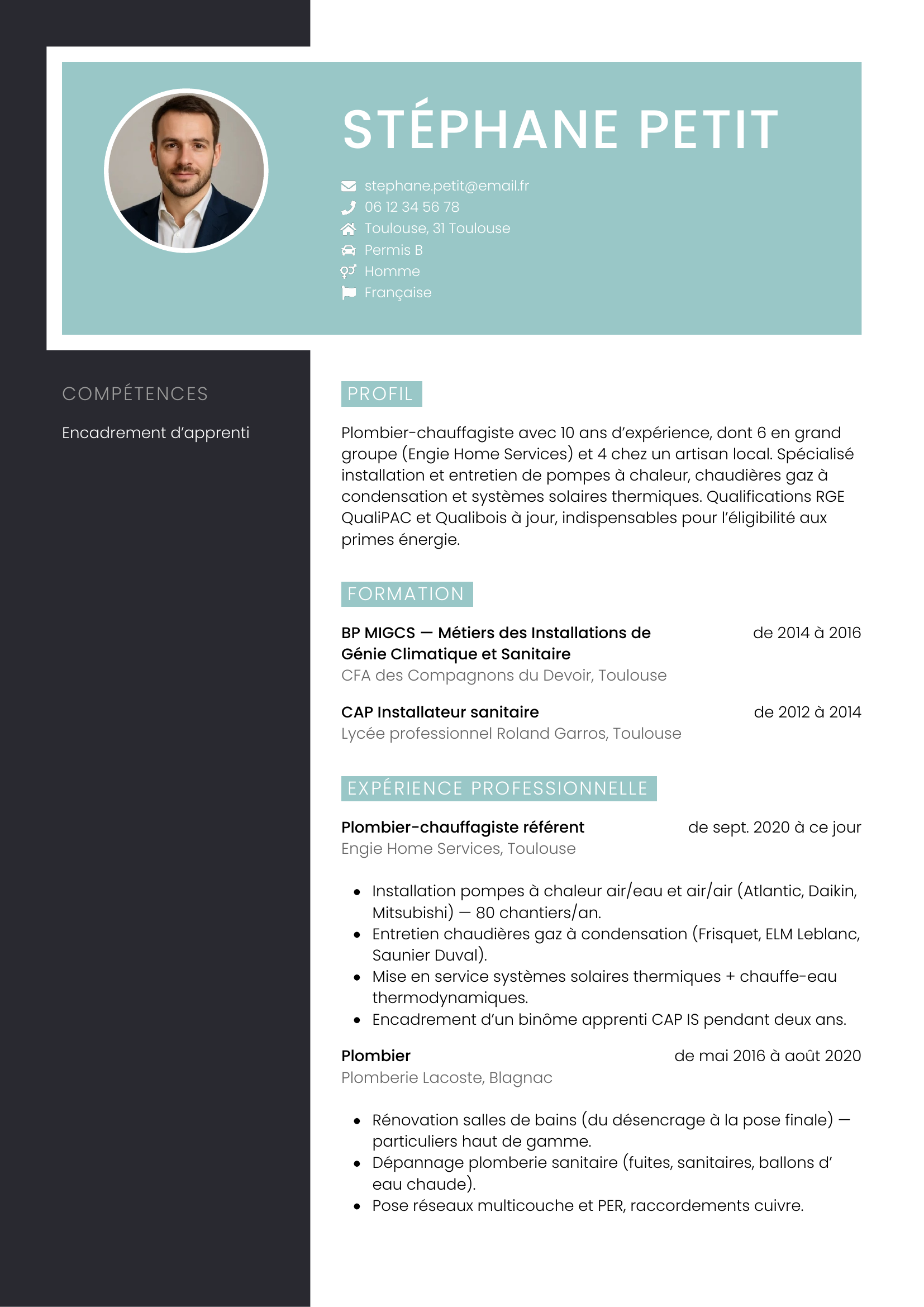 Modèle Élégant — exemple de CV Plombier