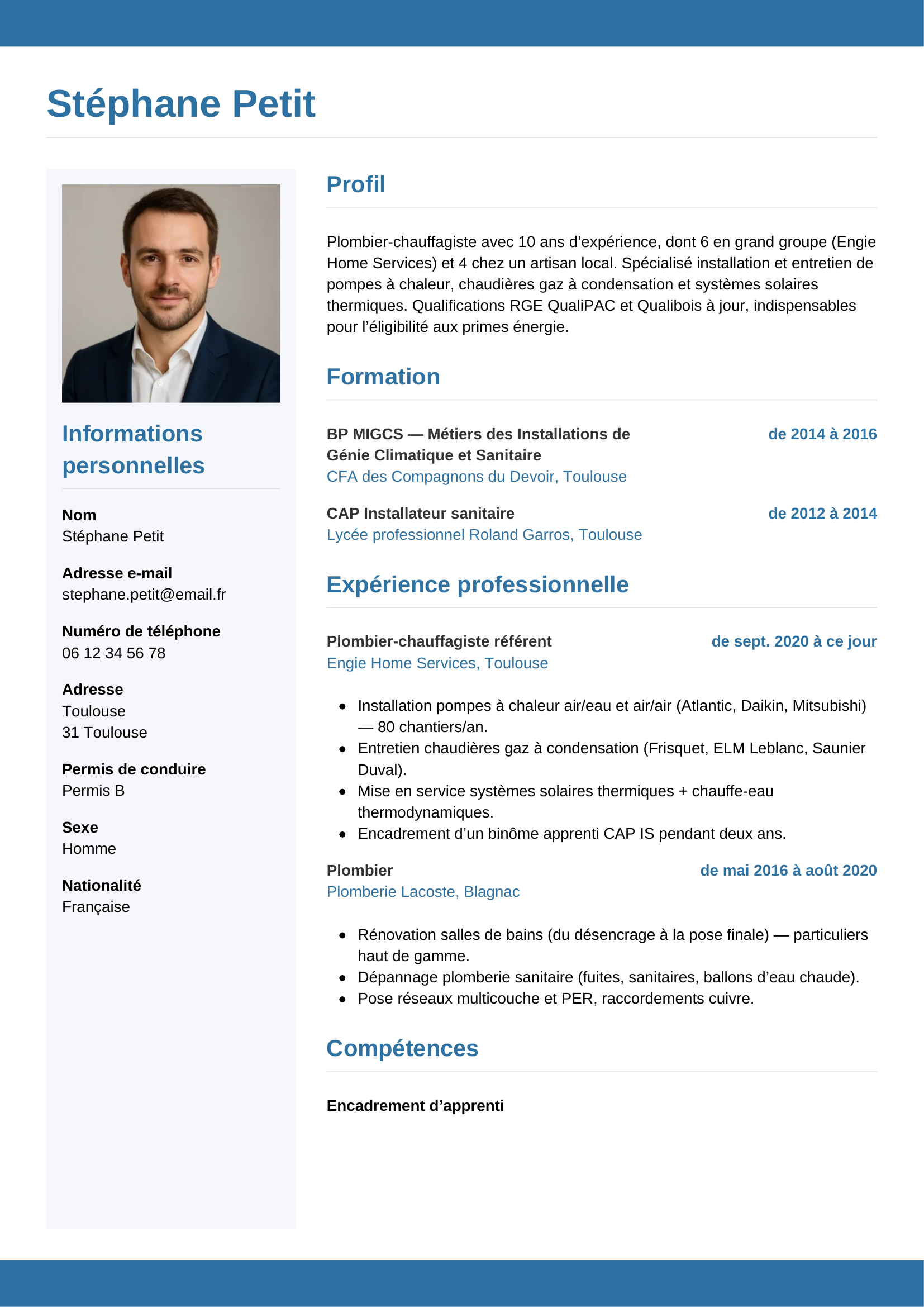 Modèle Horizontal — exemple de CV Plombier