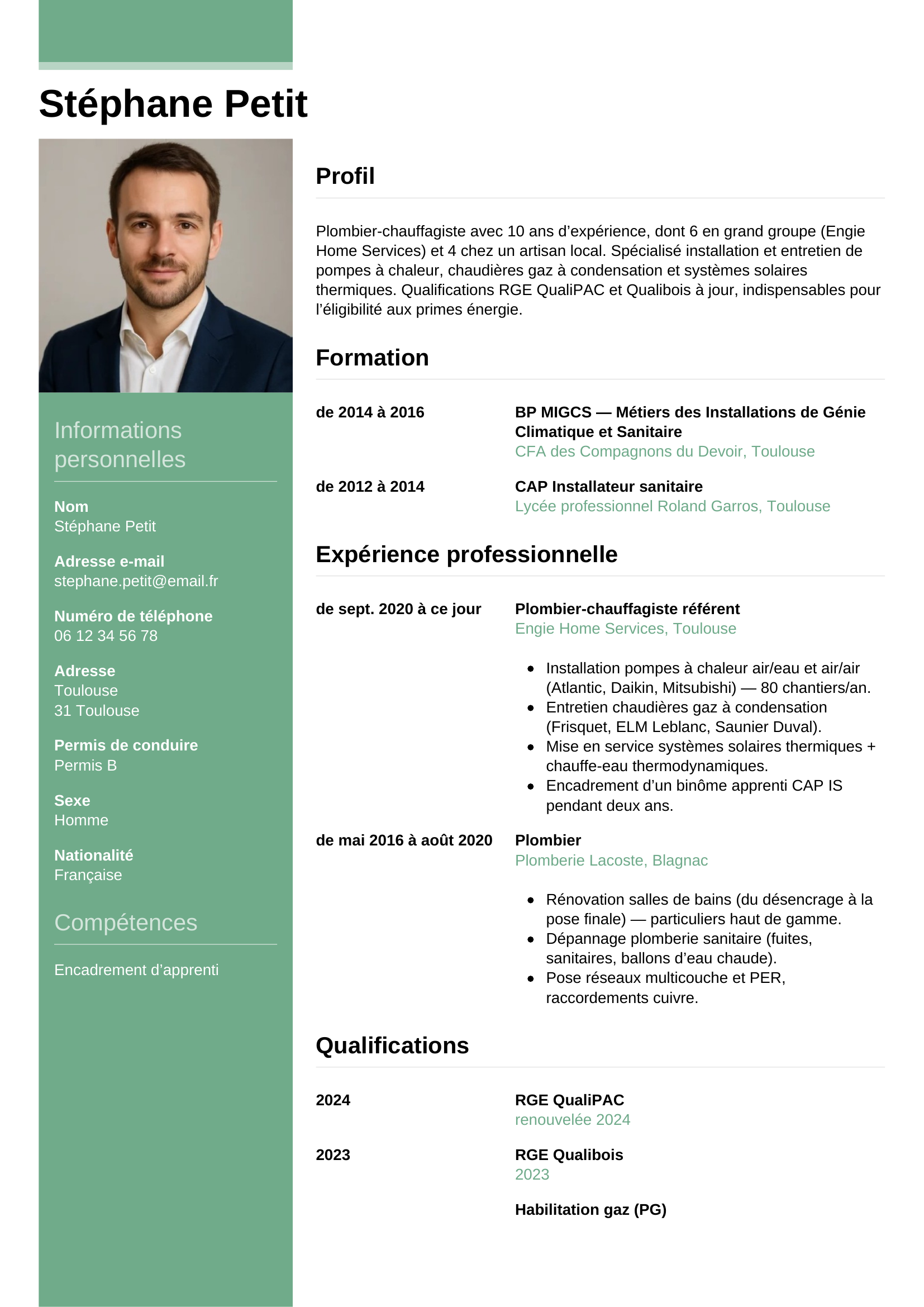 Modèle Informel — exemple de CV Plombier