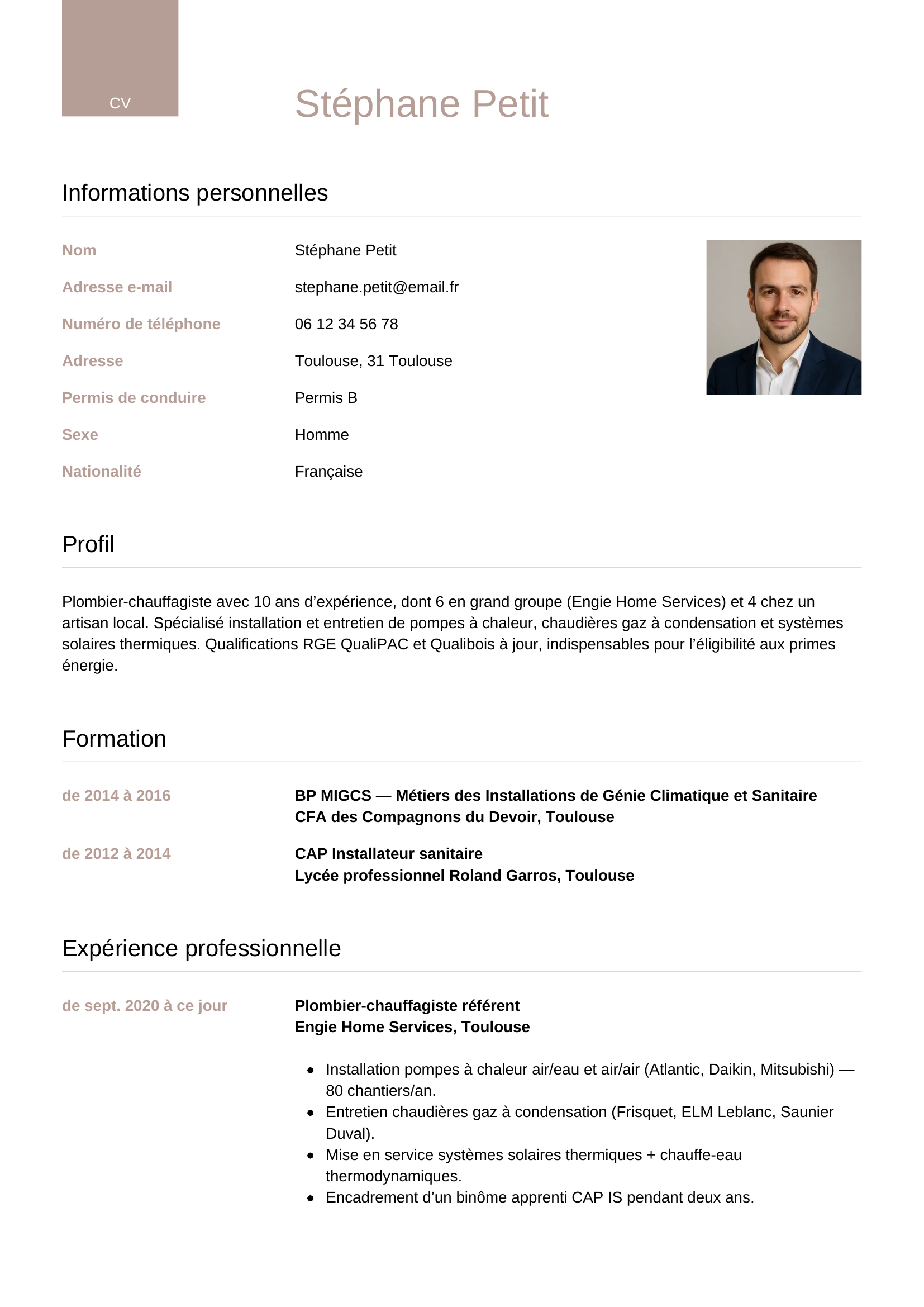 Modèle Luxe — exemple de CV Plombier