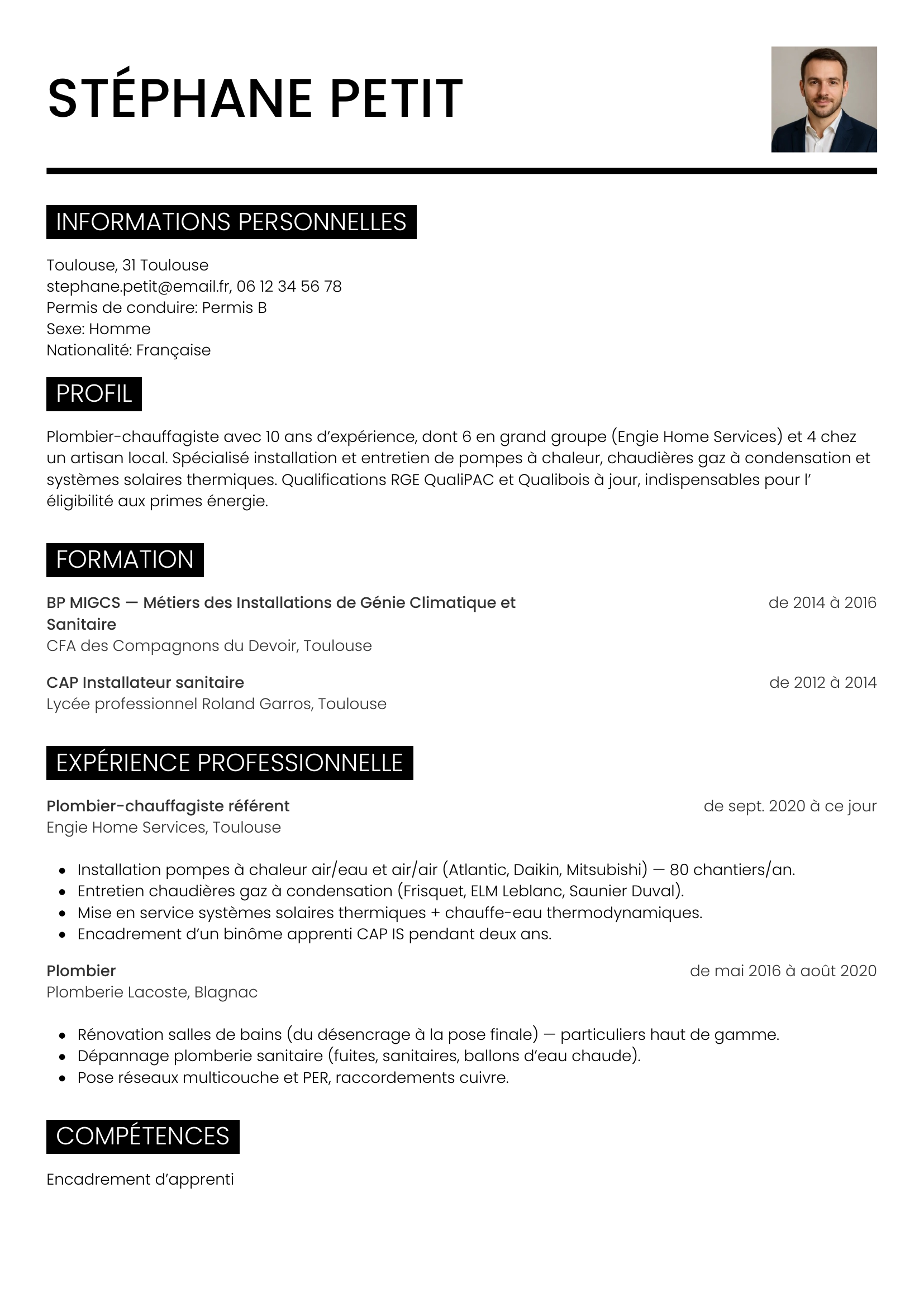 Modèle Métro — exemple de CV Plombier