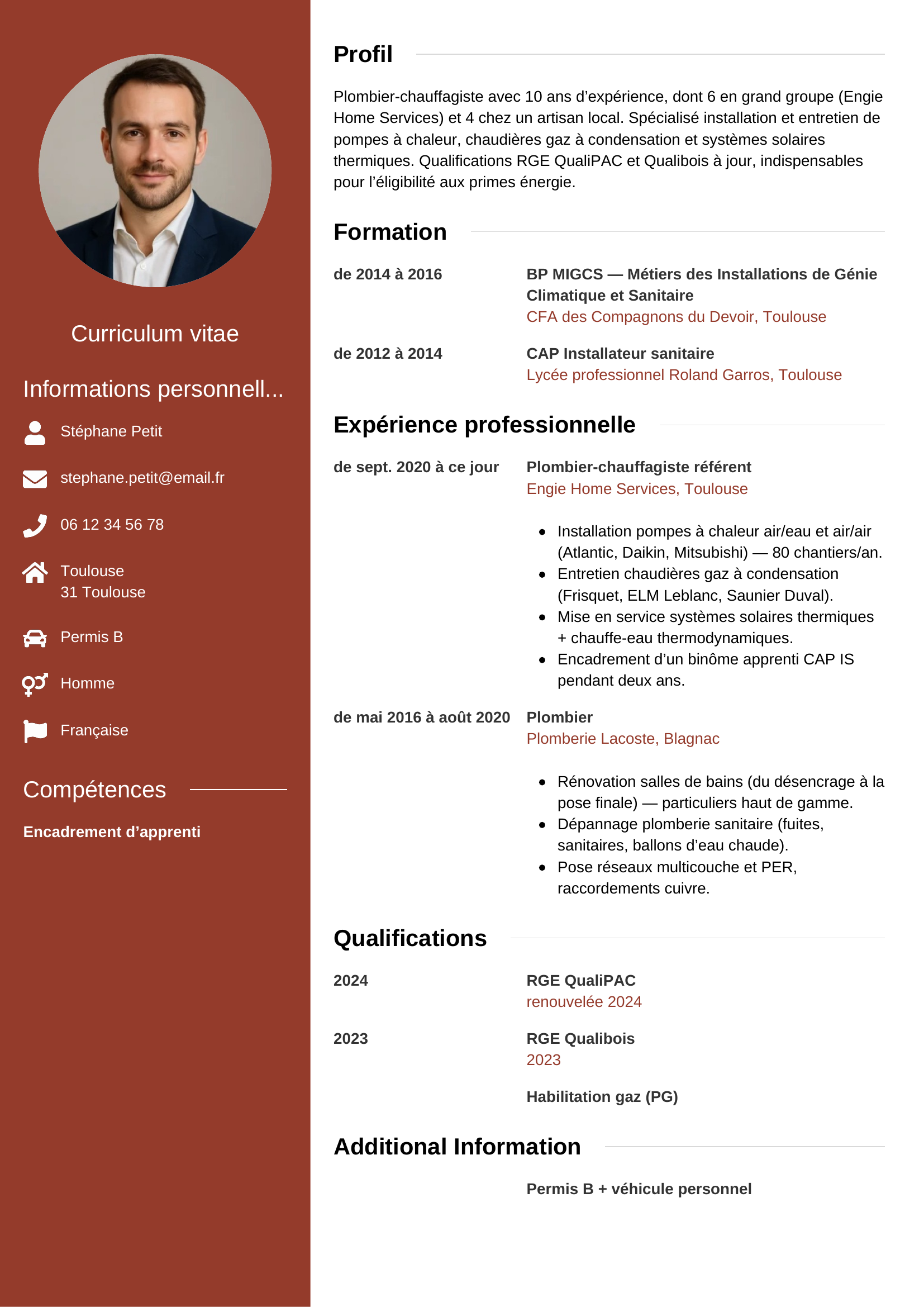 Modèle CV moderne pour plombier