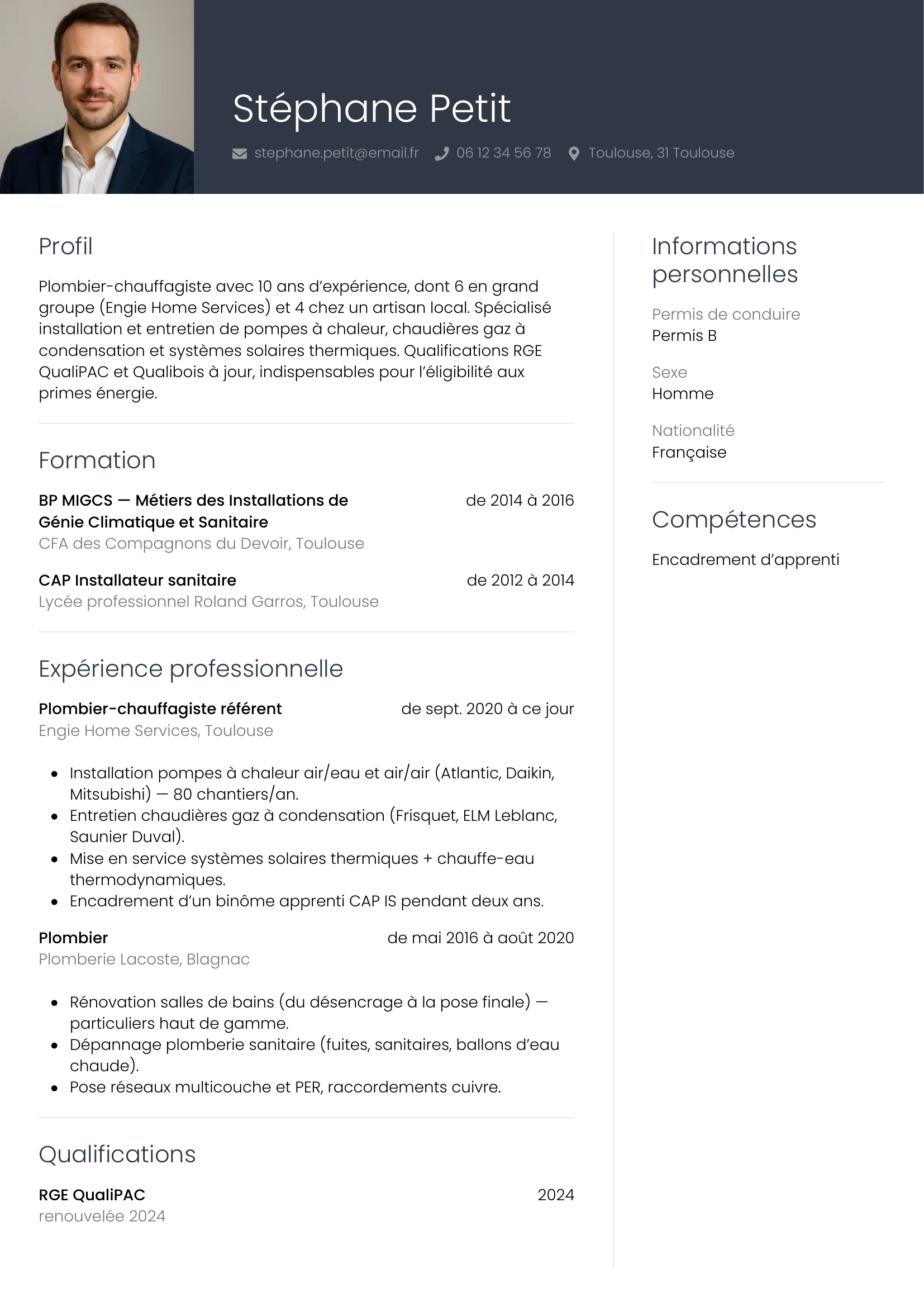Modèle Professionnel — exemple de CV Plombier