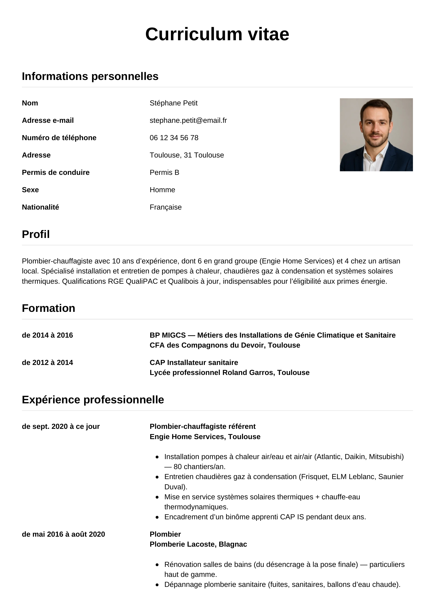 Modèle Simple — exemple de CV Plombier