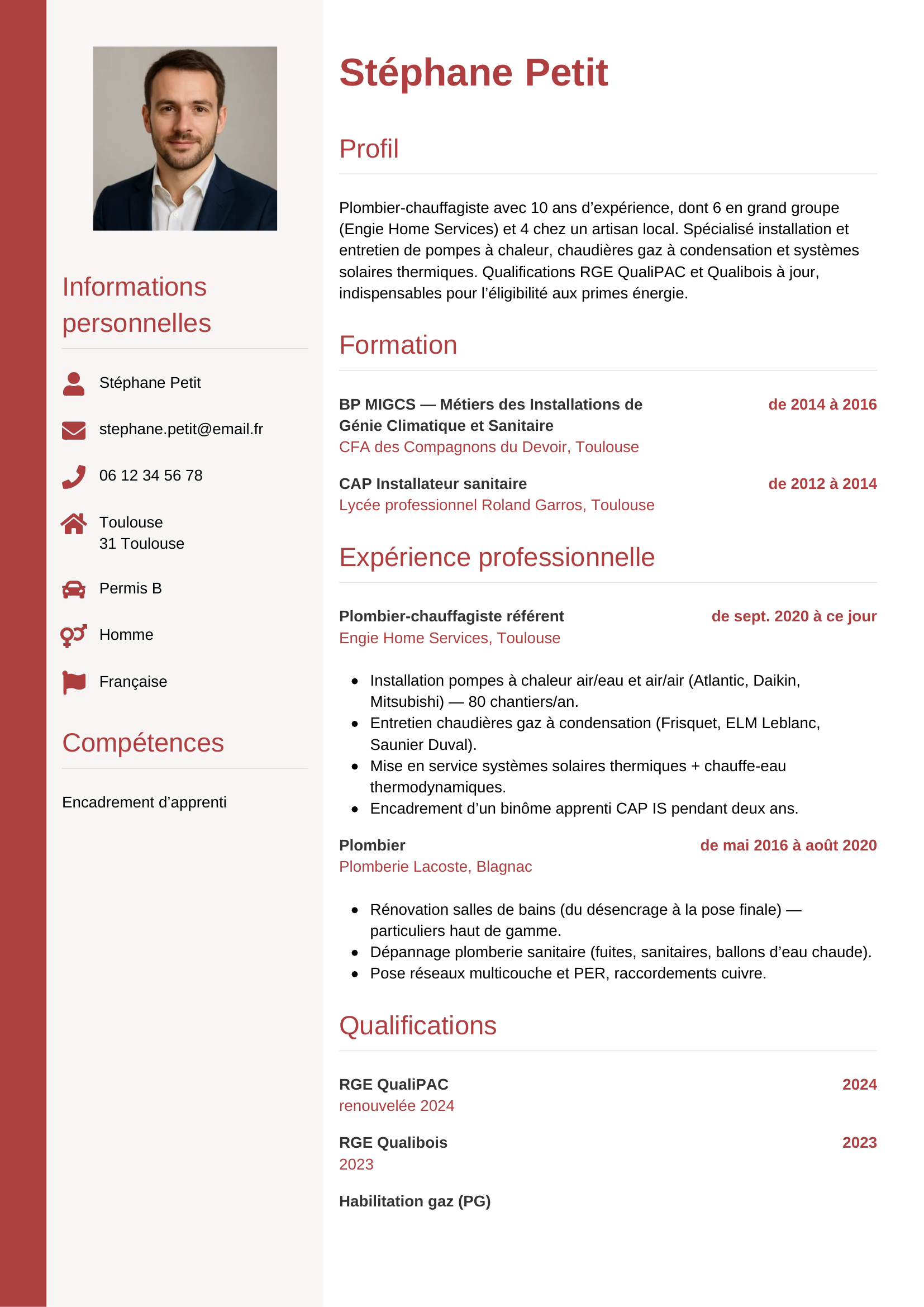 Modèle Vertical — exemple de CV Plombier