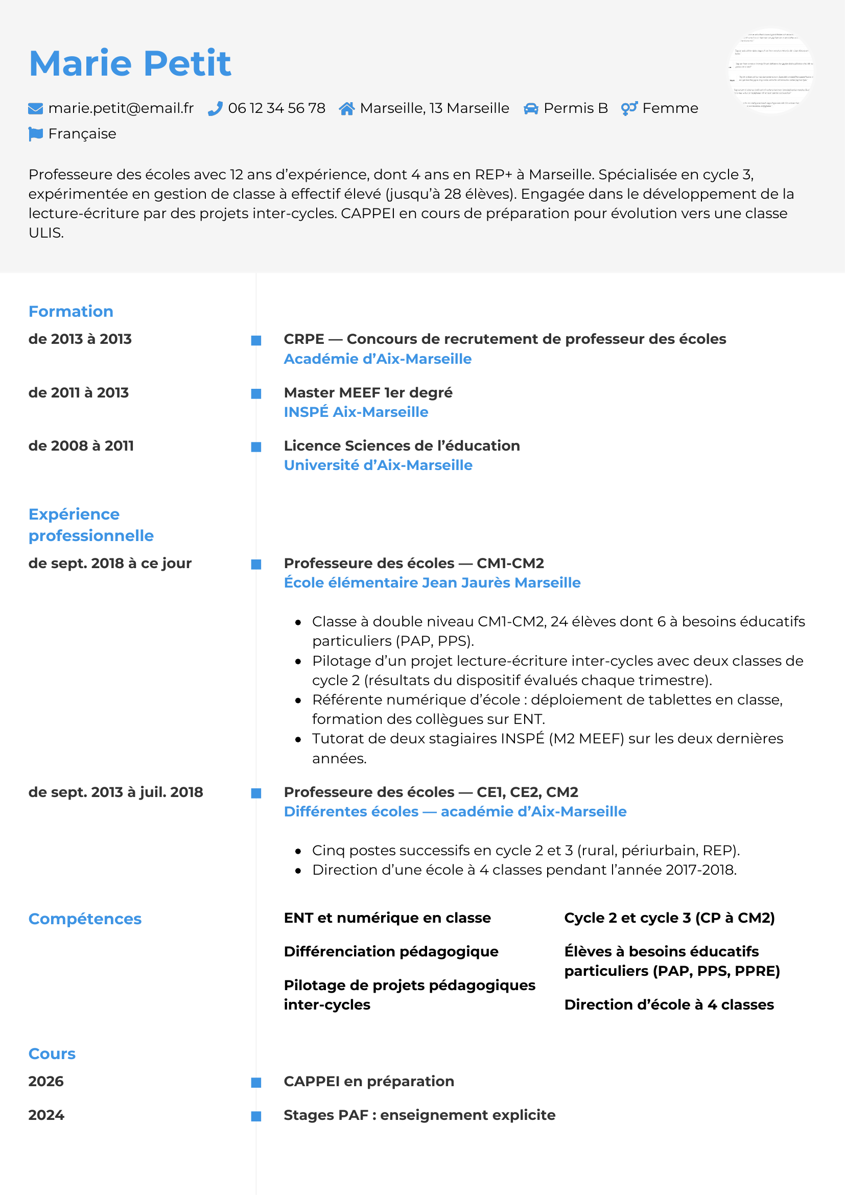 Modèle Chrono — exemple de CV Professeure des écoles