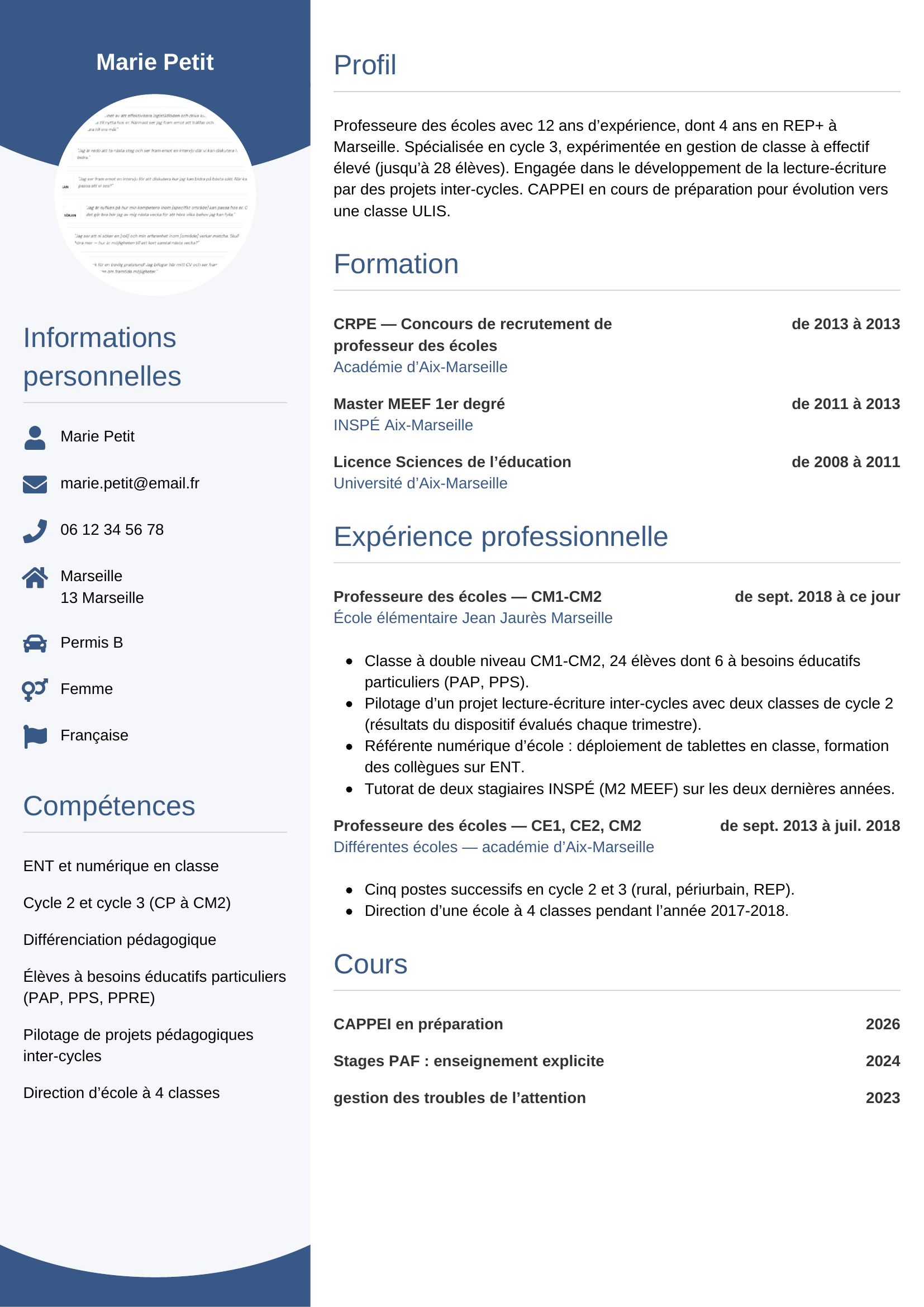 Modèle Circulaire — exemple de CV Professeure des écoles