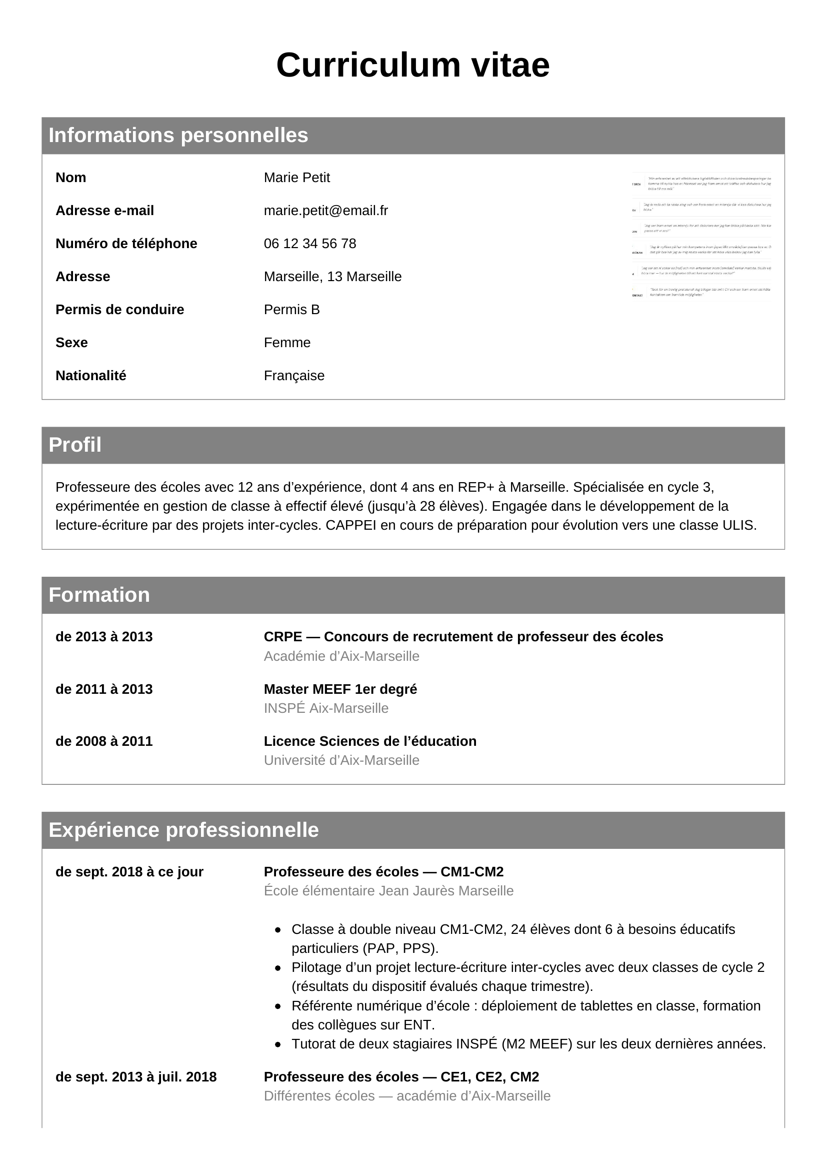 Modèle Classique — exemple de CV Professeure des écoles