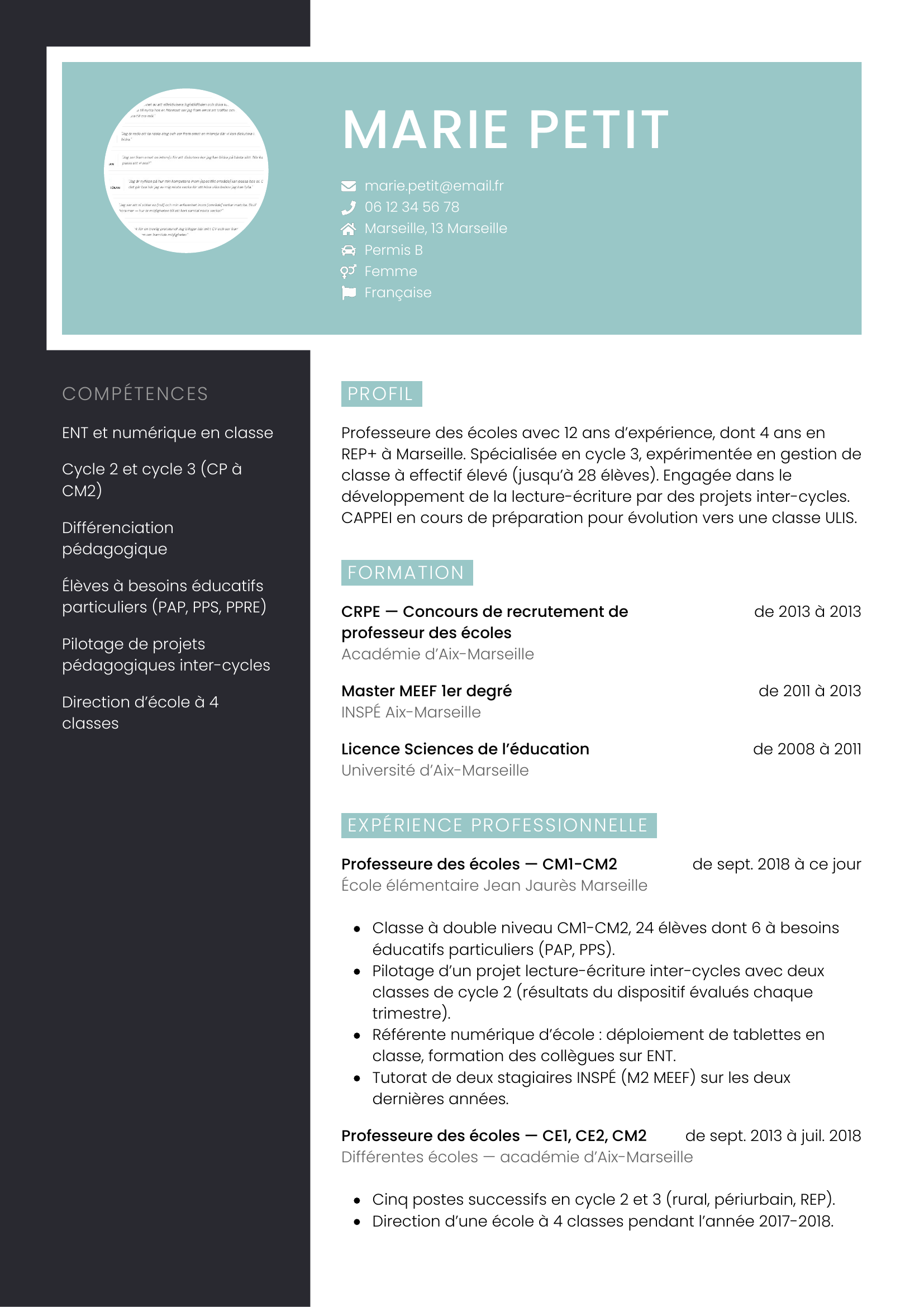 Modèle Élégant — exemple de CV Professeure des écoles