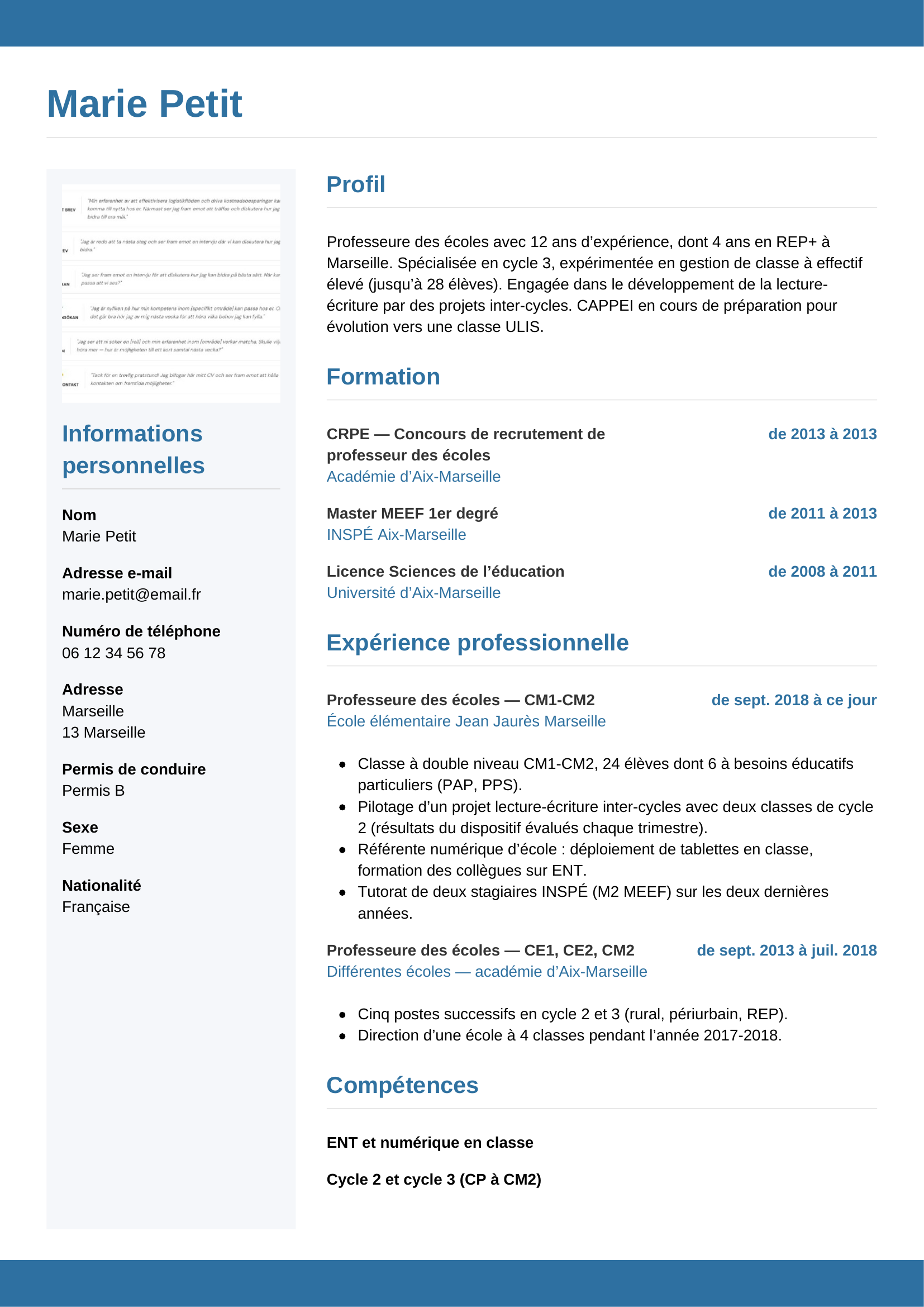 Modèle Horizontal — exemple de CV Professeure des écoles