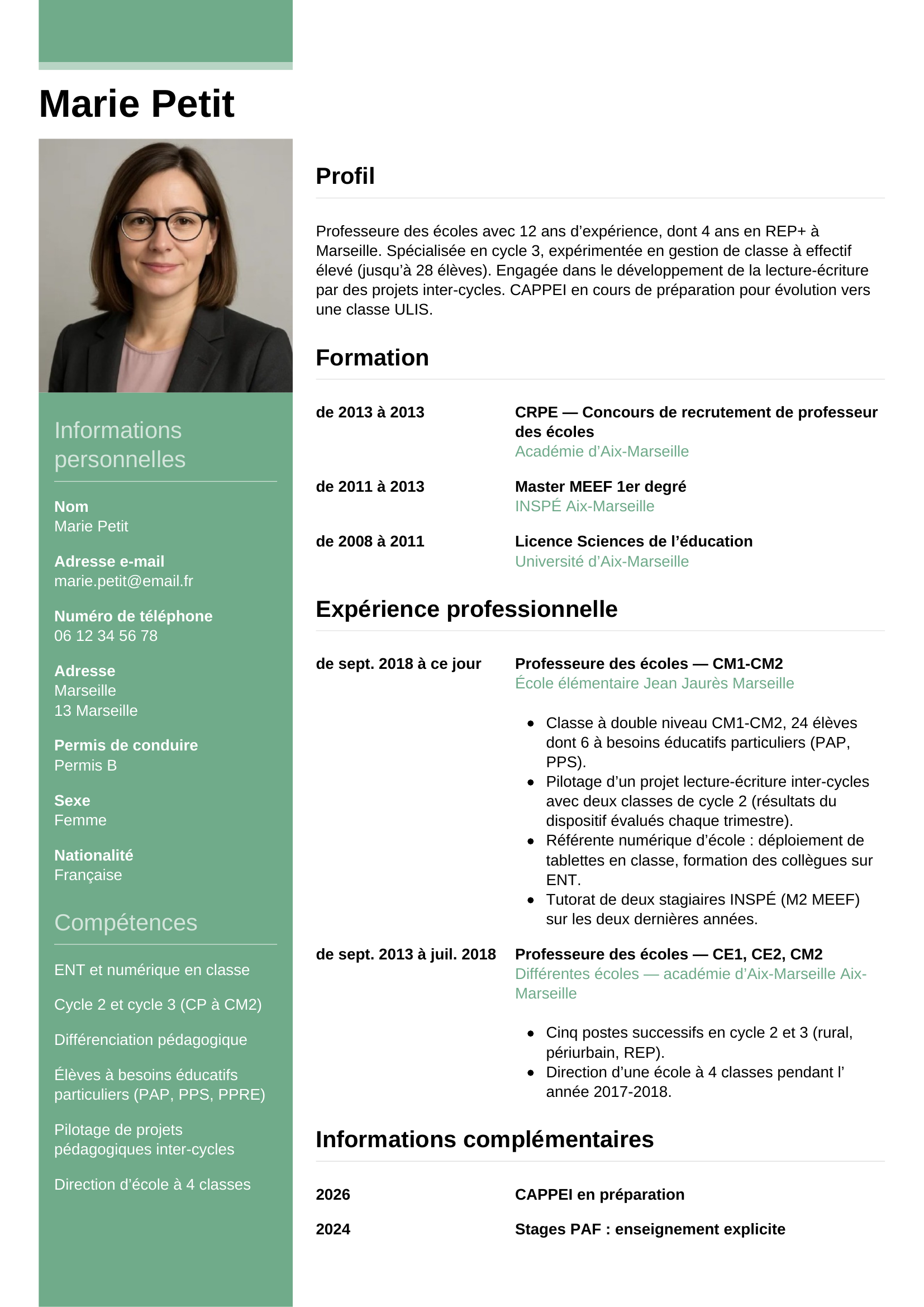 Modèle Informel — exemple de CV Professeure des écoles