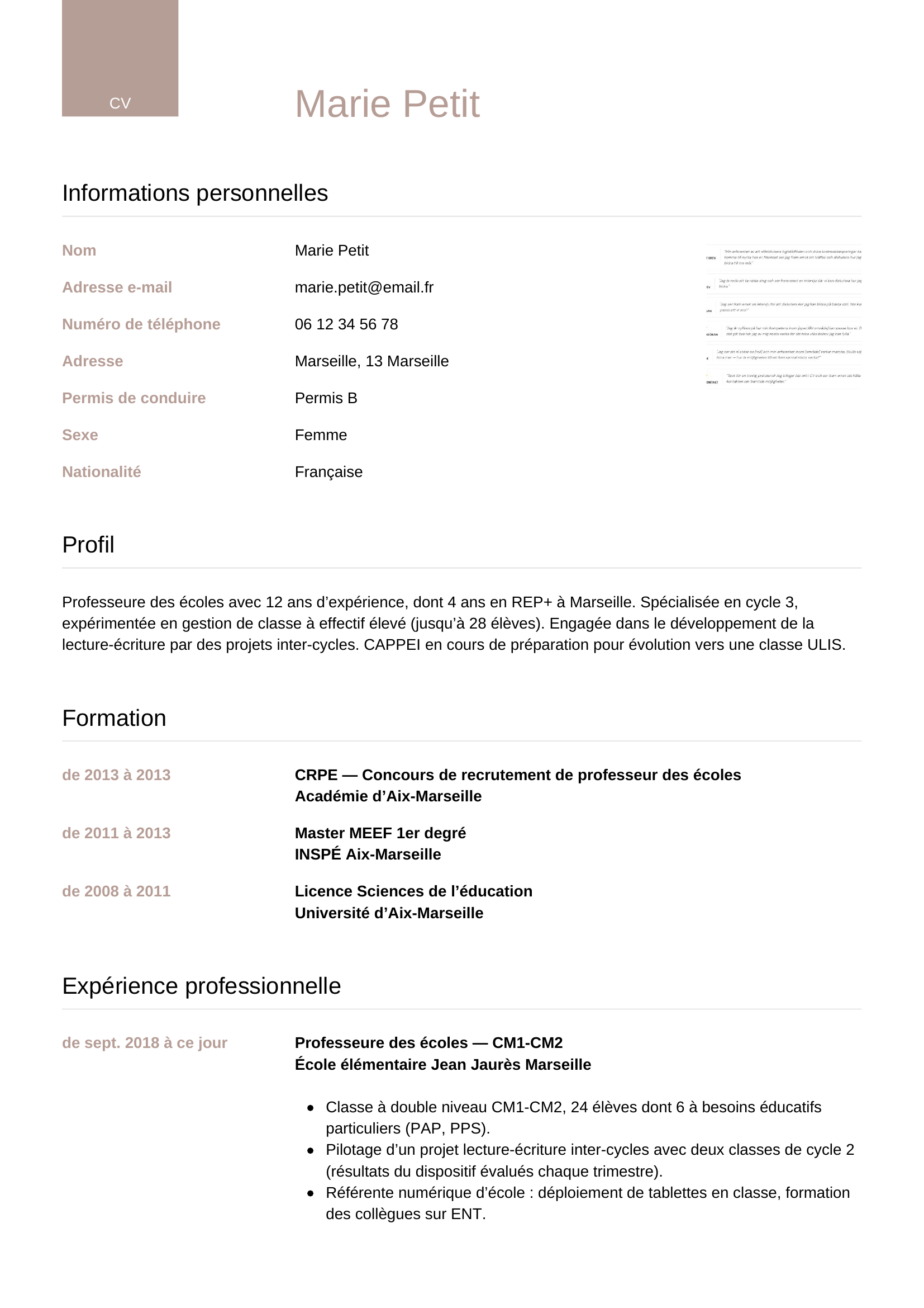 Modèle Luxe — exemple de CV Professeure des écoles