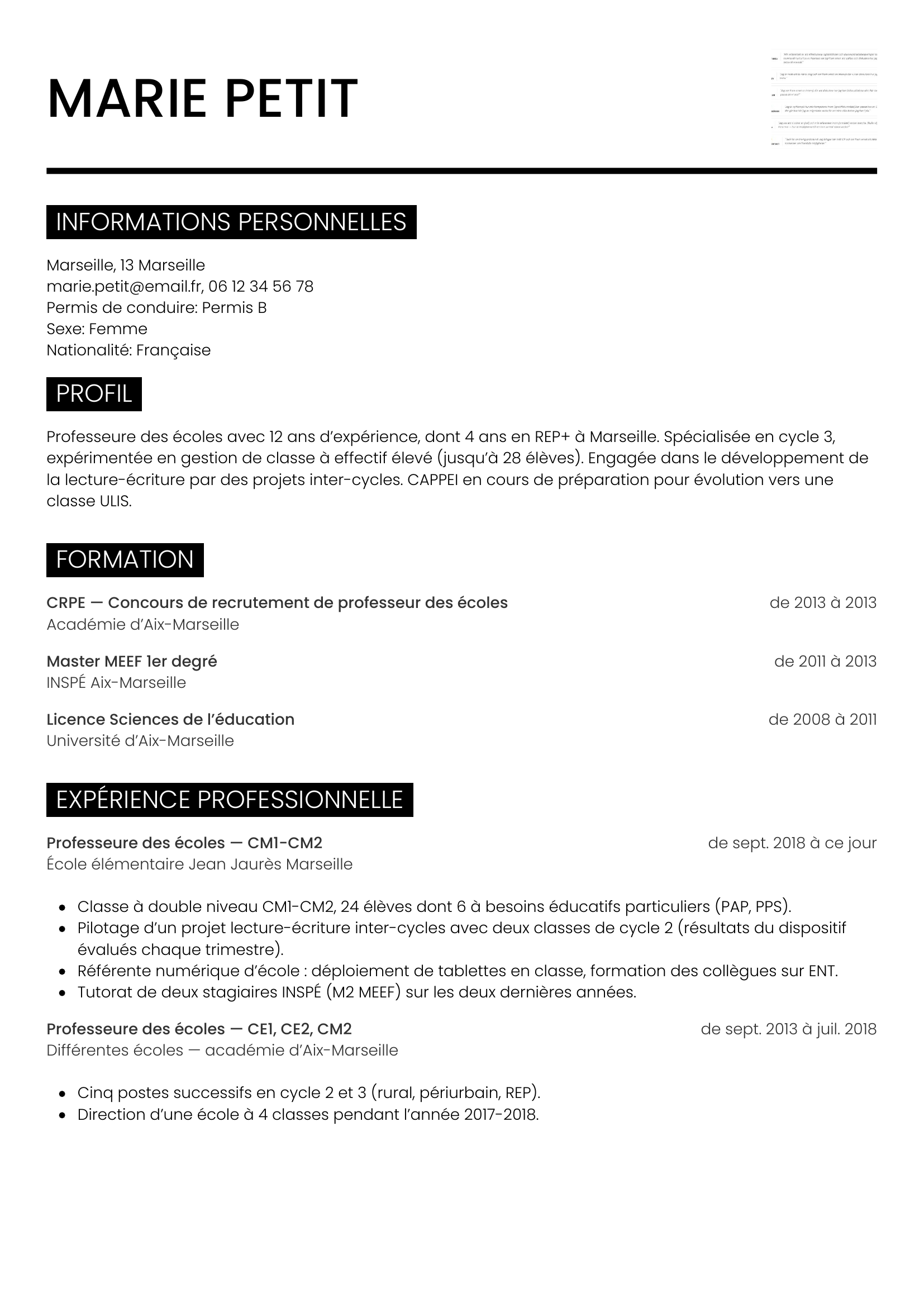Modèle Métro — exemple de CV Professeure des écoles