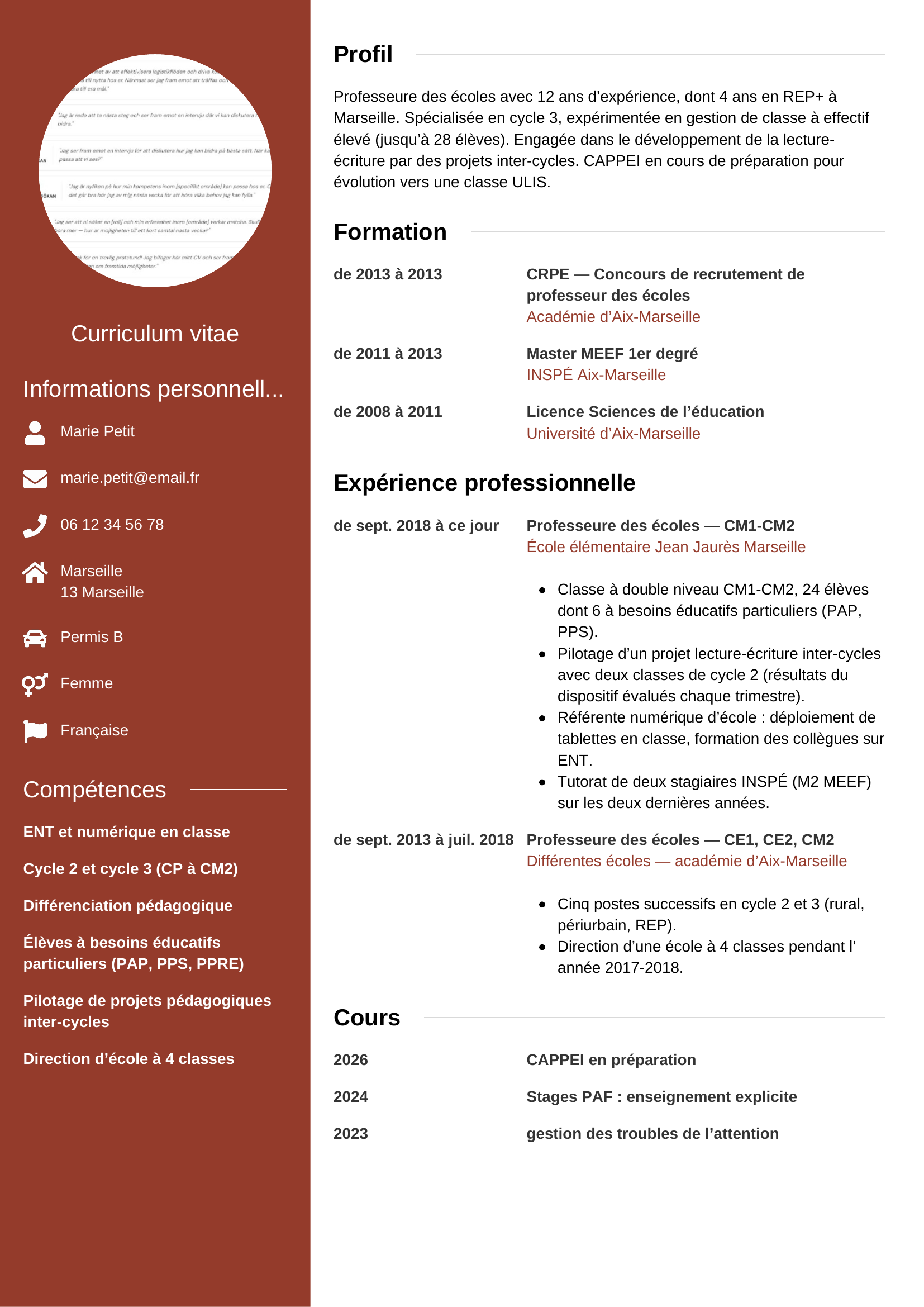 Exemple de CV professeure des écoles