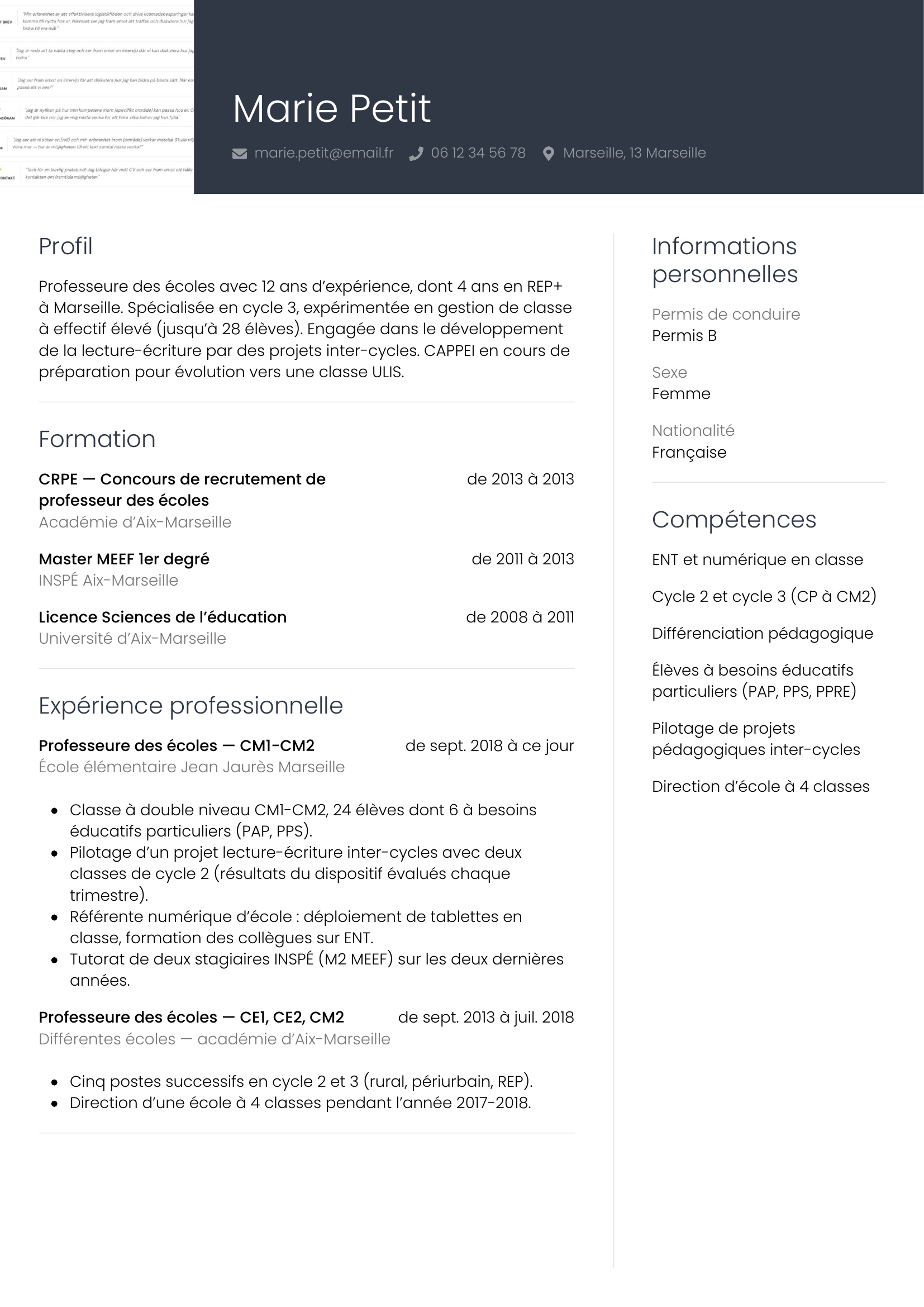 Modèle Professionnel — exemple de CV Professeure des écoles