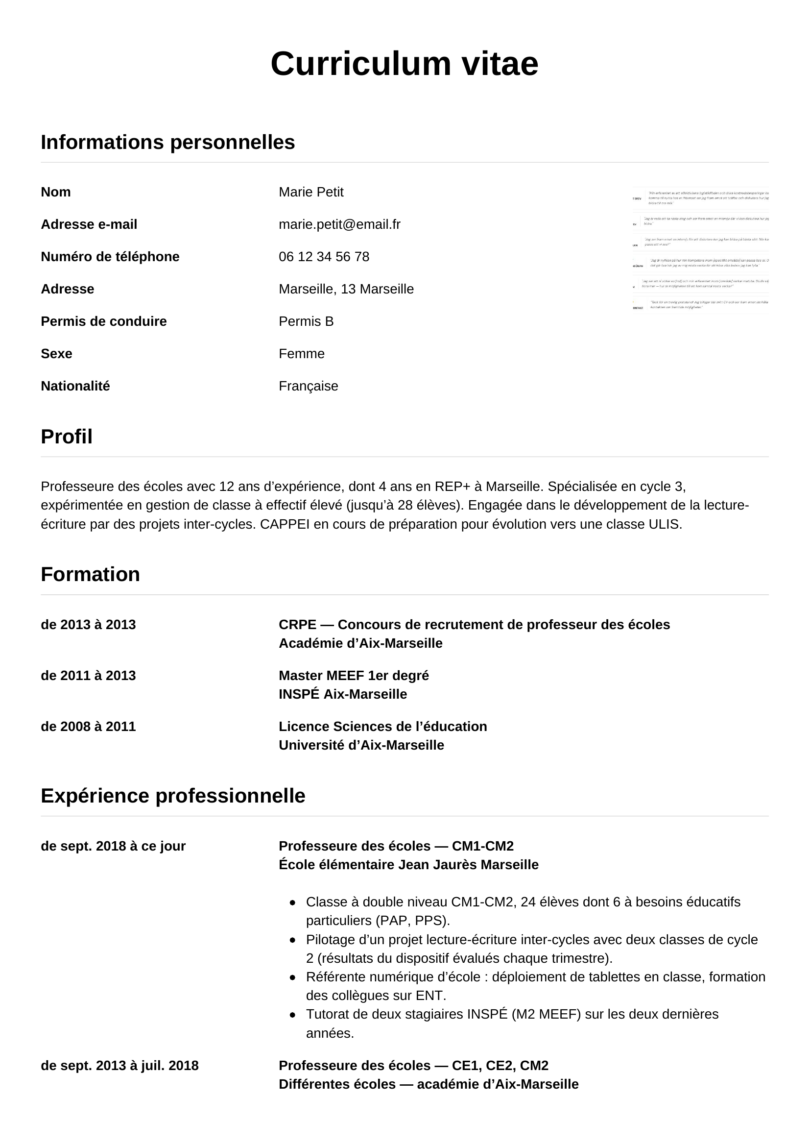 Modèle Simple — exemple de CV Professeure des écoles