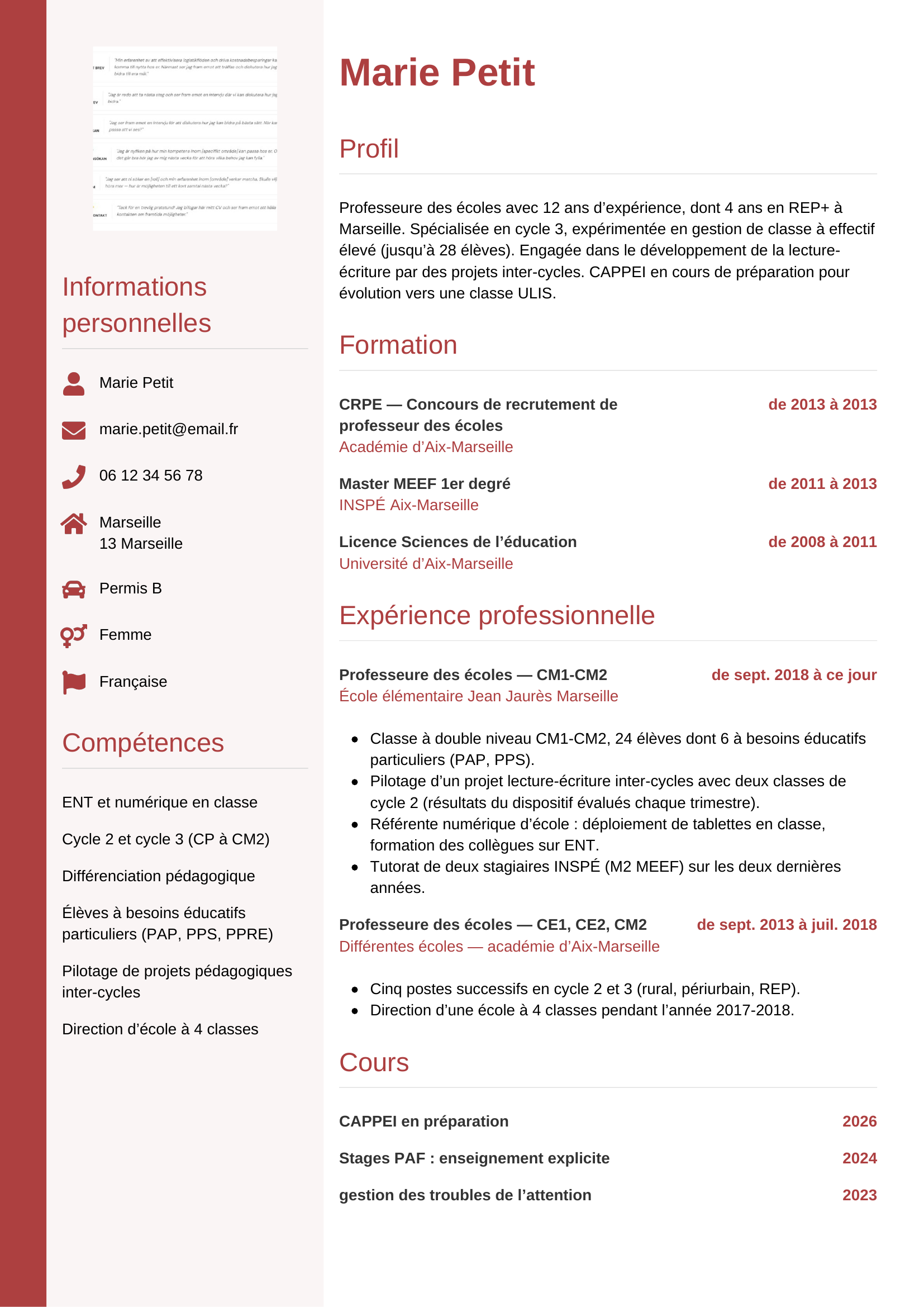 Modèle Vertical — exemple de CV Professeure des écoles