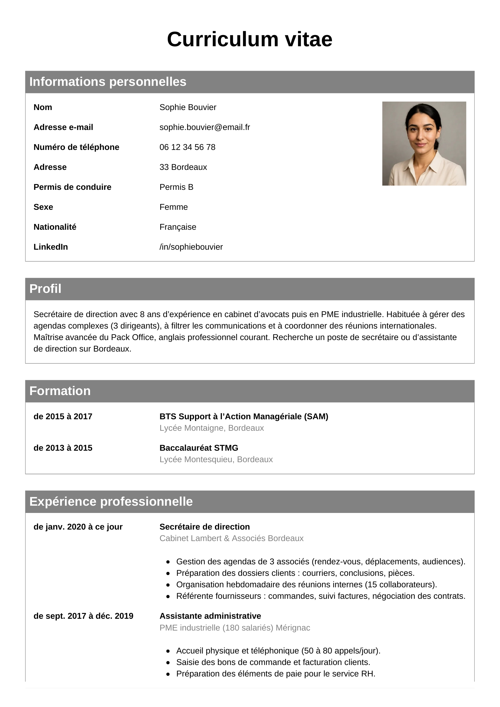 CV secrétaire — modèle classique