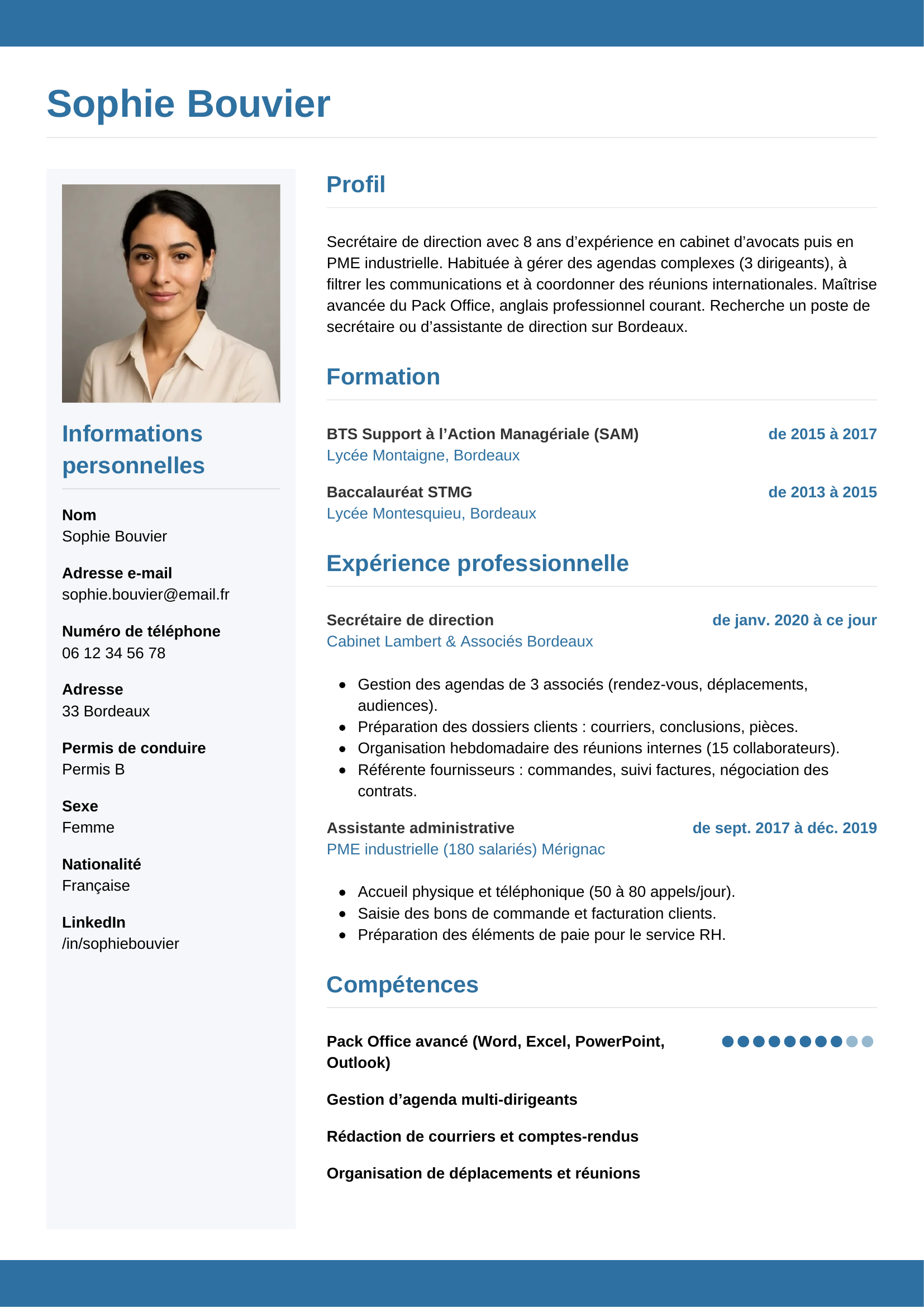CV secrétaire — modèle horizontal