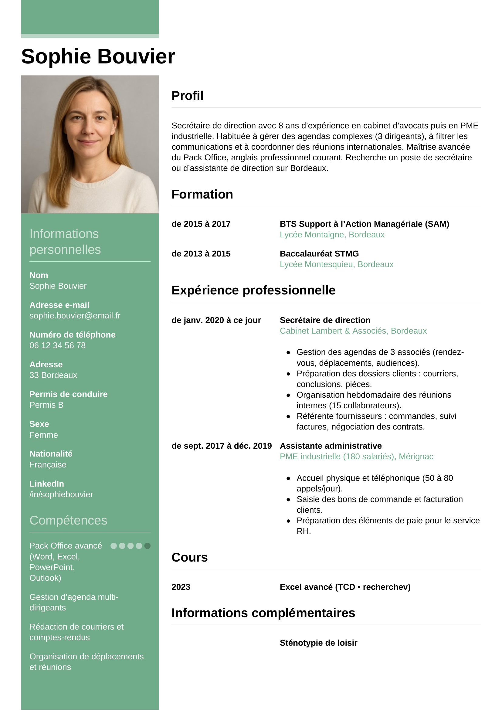 CV secrétaire — modèle informel