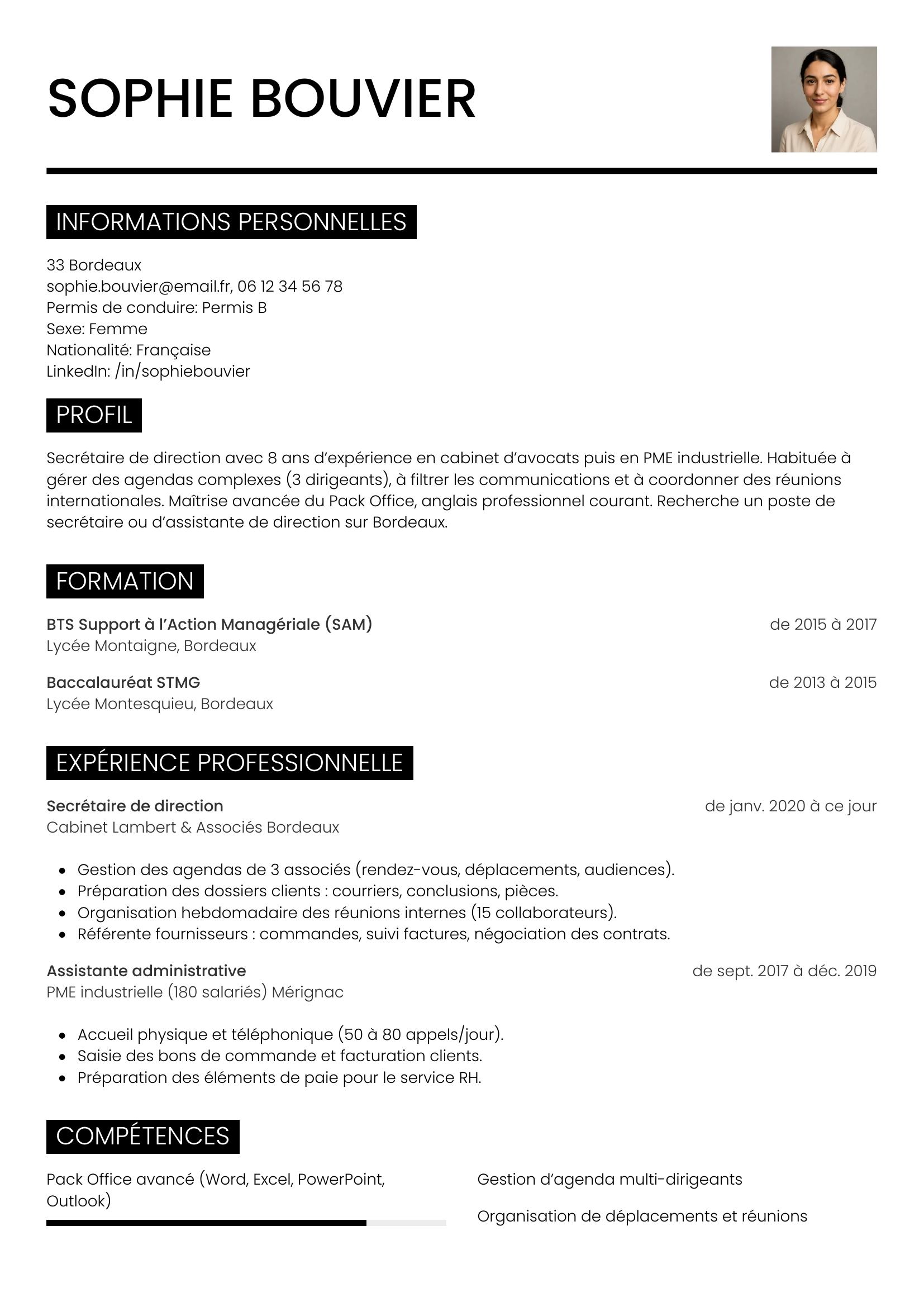CV secrétaire — modèle métro