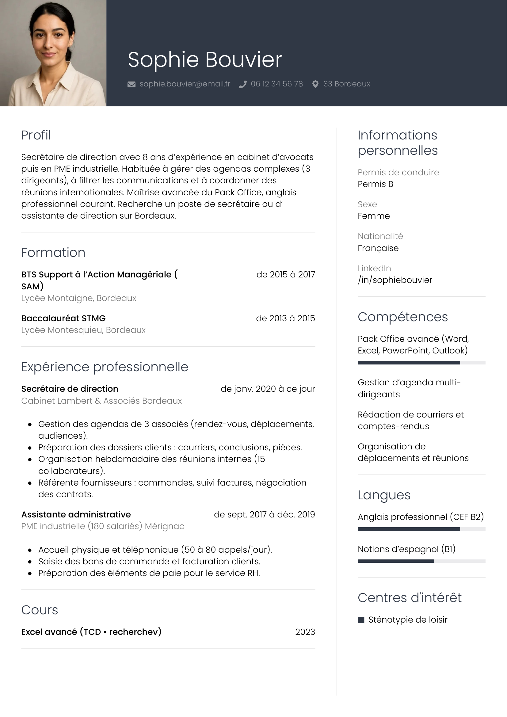 CV secrétaire — modèle professionnel