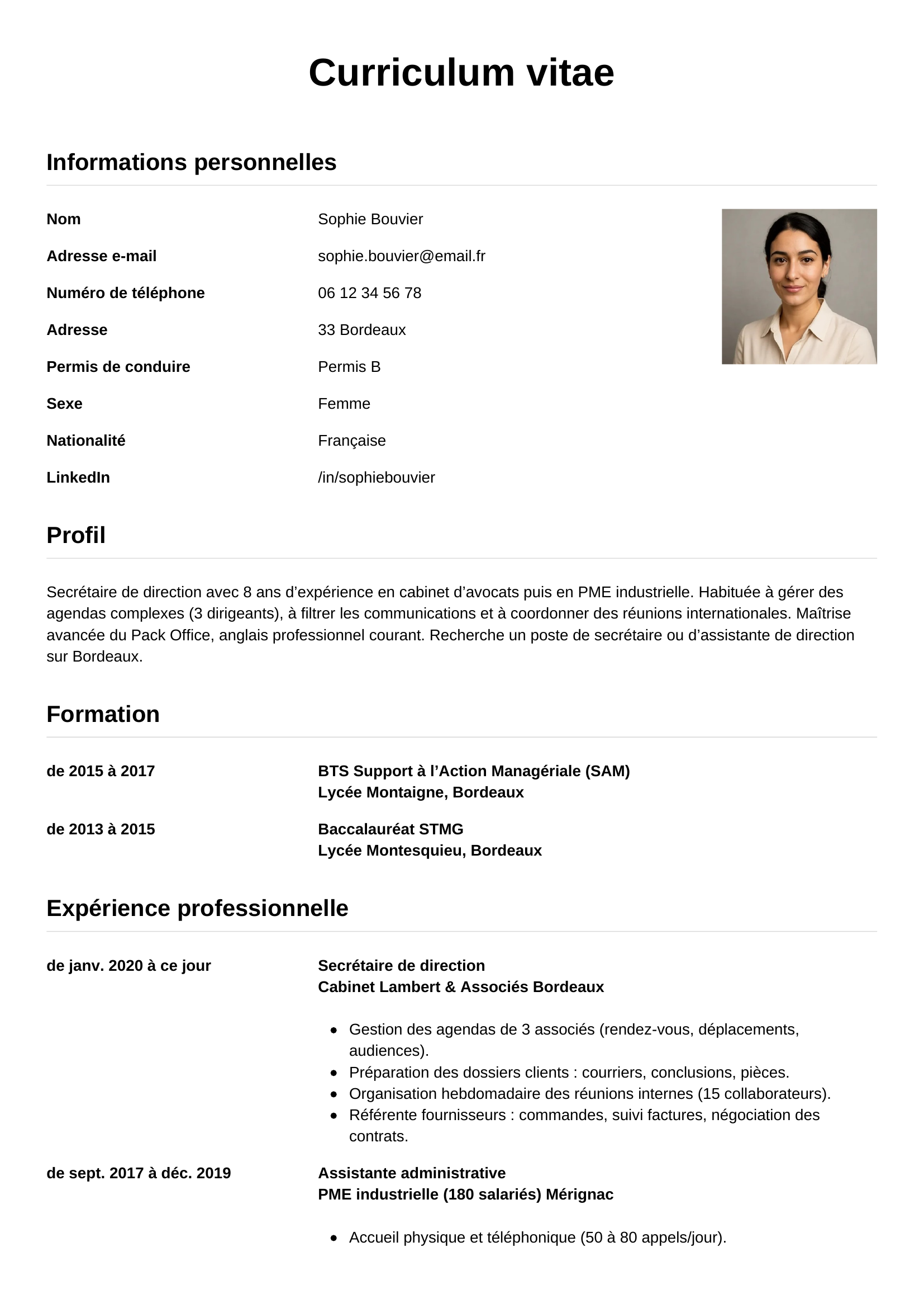 CV secrétaire — modèle simple